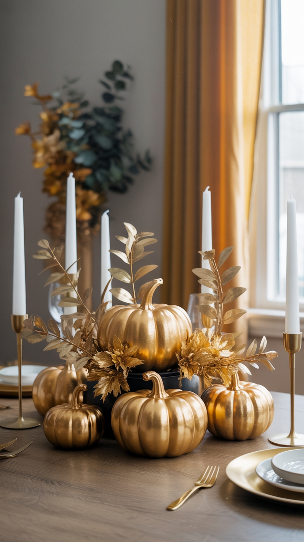 A fall centerpiece featuring golden pumpkins, white candles, and decorative leaves.