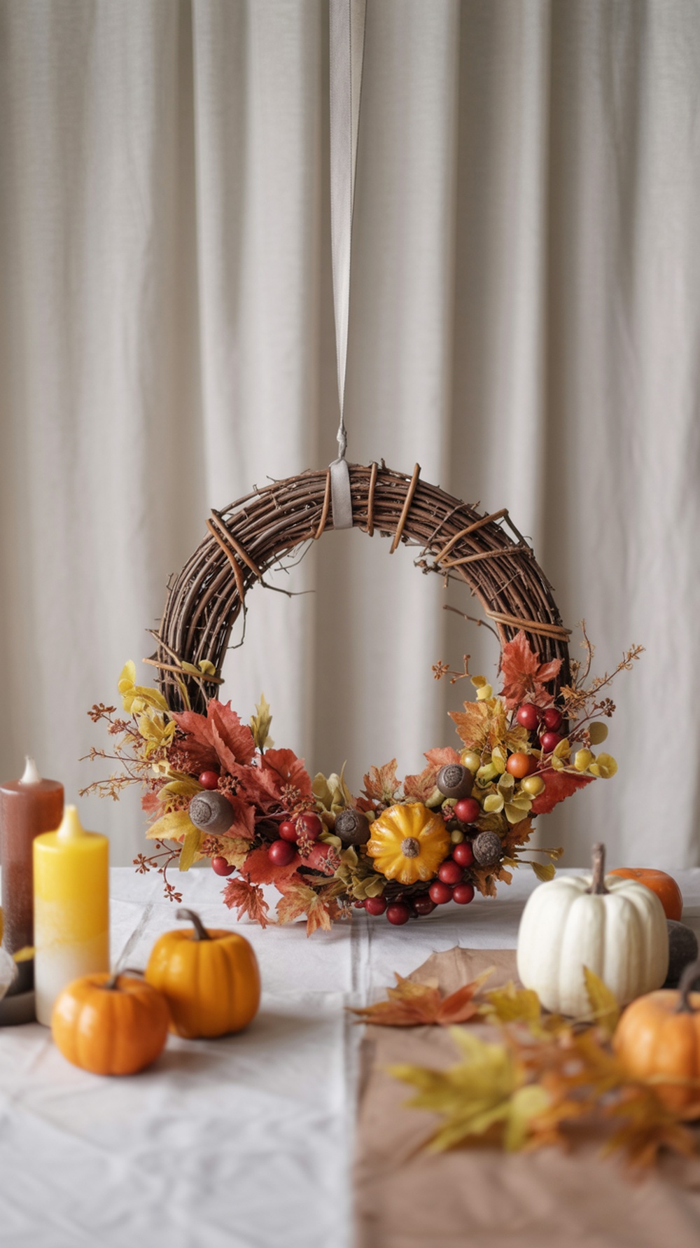 A grapevine wreath adorned with autumn leaves, berries, and miniature pumpkins, hanging above a table with candles and pumpkins.