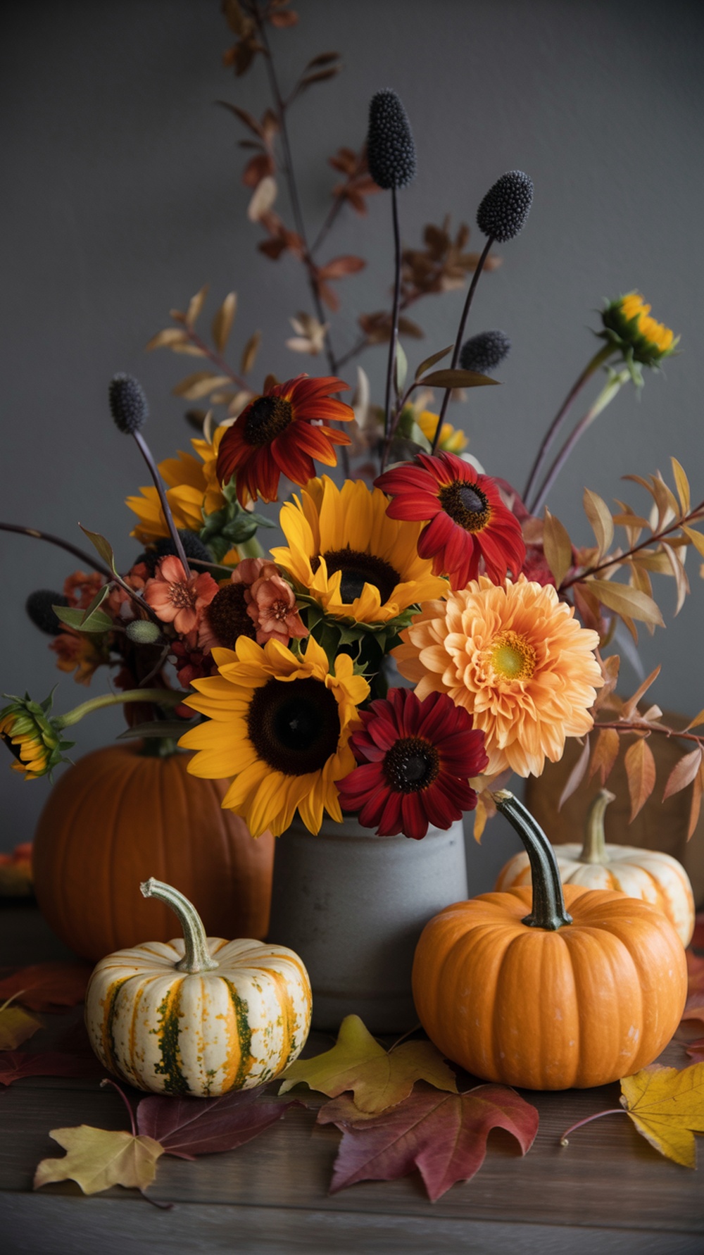 A colorful floral arrangement featuring sunflowers, dahlias, and pumpkins, set against a backdrop of autumn leaves.
