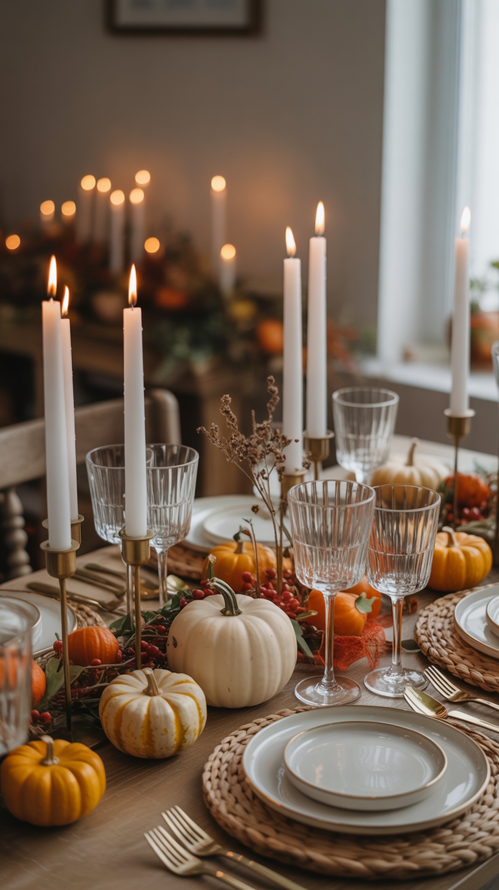 A beautifully arranged harvest-themed table setting featuring pumpkins, candles, and elegant dinnerware.
