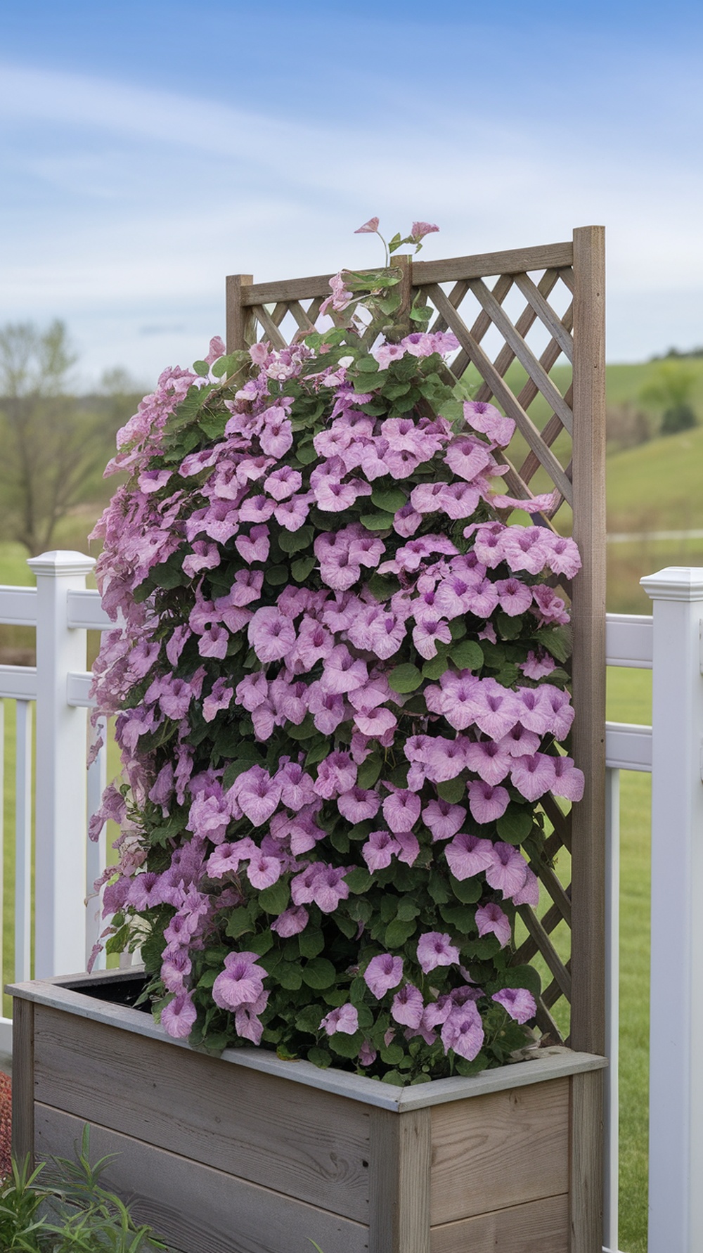 A wooden trellis covered in vibrant purple clematis flowers, creating a lush privacy wall.