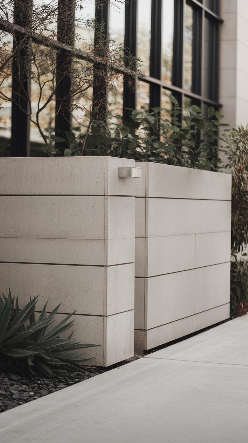 A minimalist concrete panel fence with a sleek design and surrounding greenery.