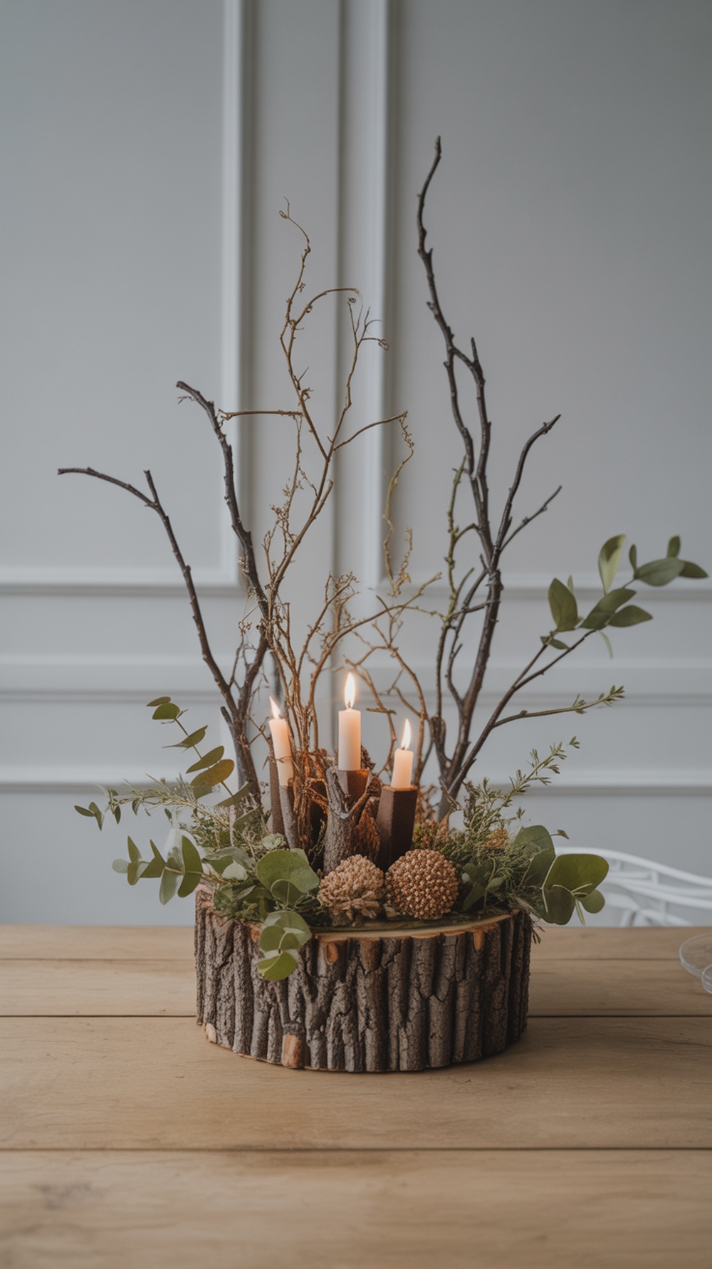 A nature-inspired centerpiece featuring twigs, candles, and greenery on a wooden base.