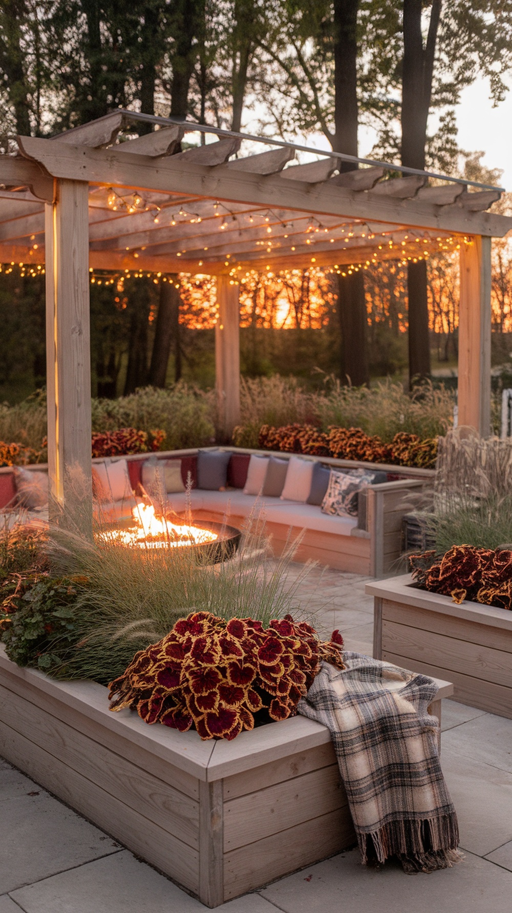 A cozy pergola with planters filled with marigolds and ornamental grasses, illuminated by string lights during sunset.