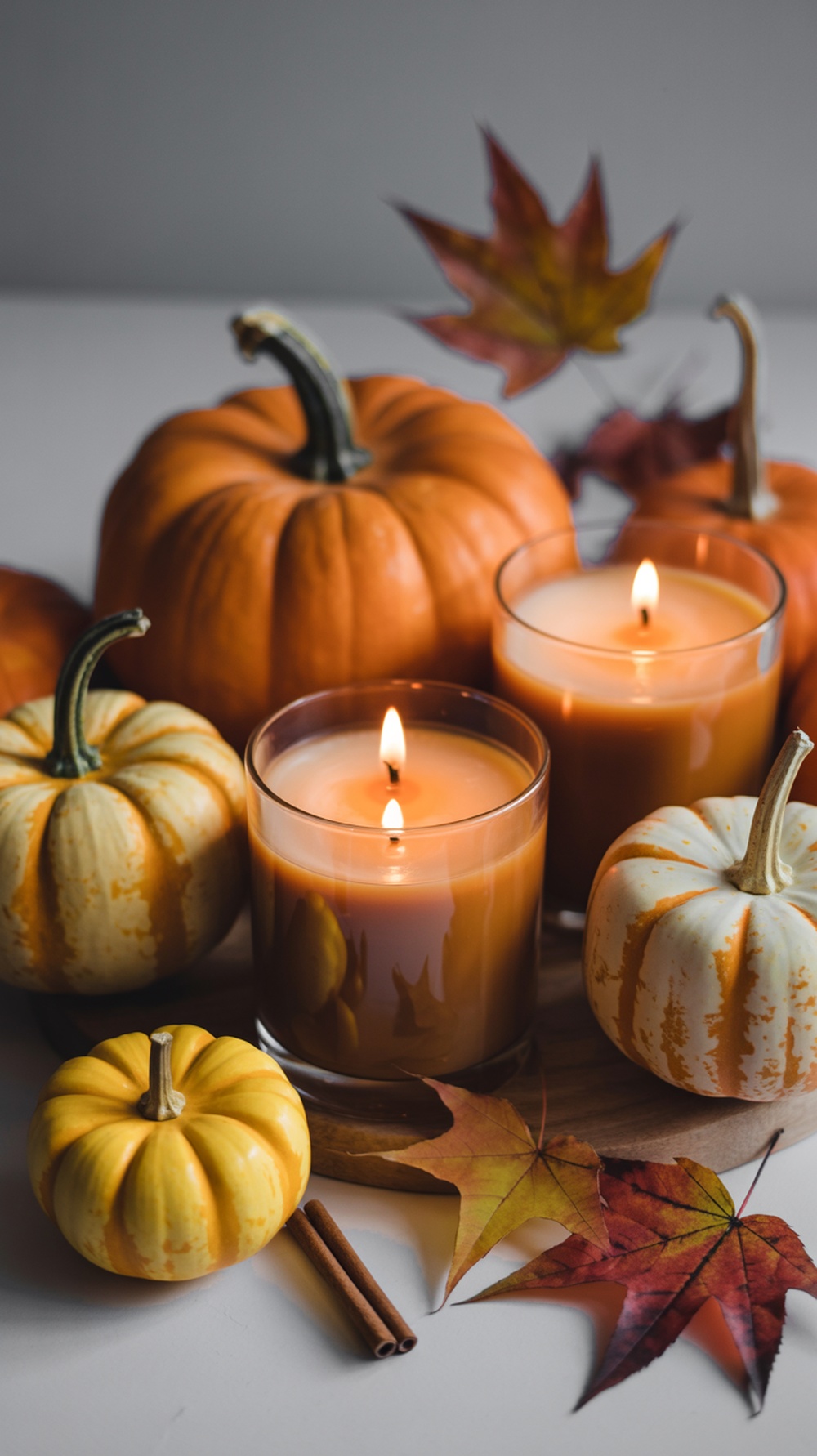 A cozy fall vignette featuring pumpkins, candles, and autumn leaves.