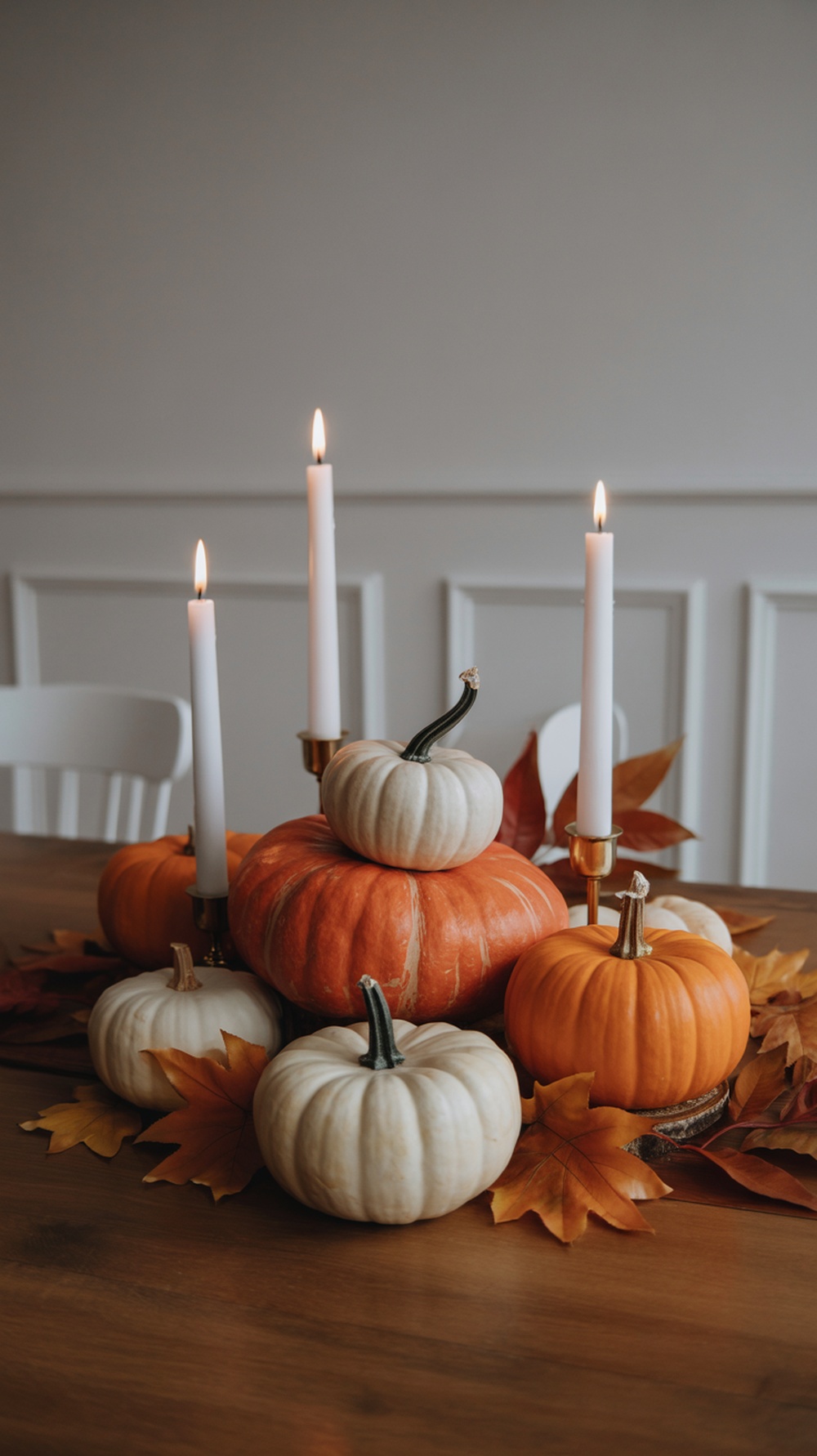 A rustic pumpkin arrangement featuring orange and white pumpkins, surrounded by autumn leaves and lit candles.