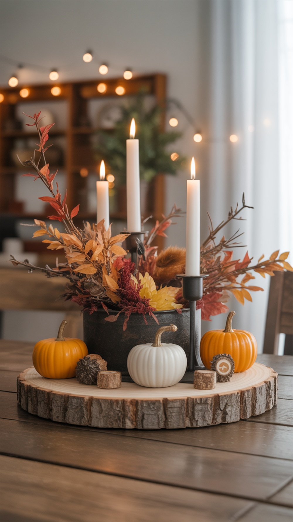 A rustic fall centerpiece featuring a metal container with autumn leaves and flowers, surrounded by pumpkins on a wooden base.