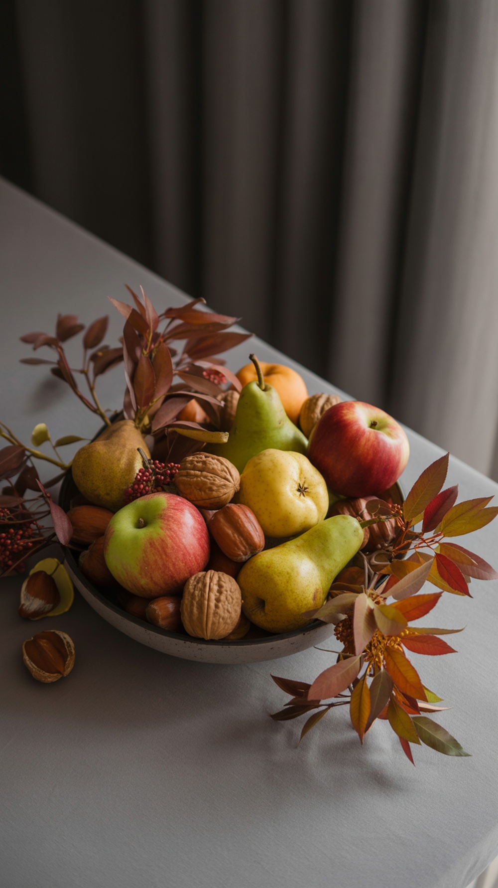A bowl filled with apples, pears, nuts, and autumn leaves on a table.