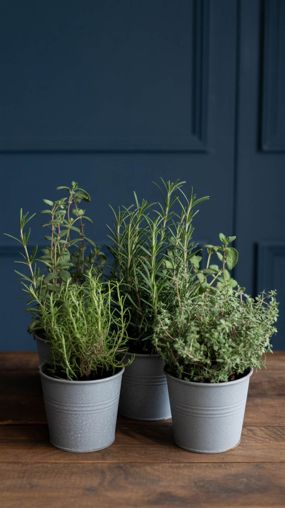 A collection of potted herbs including rosemary, thyme, and oregano on a wooden table.