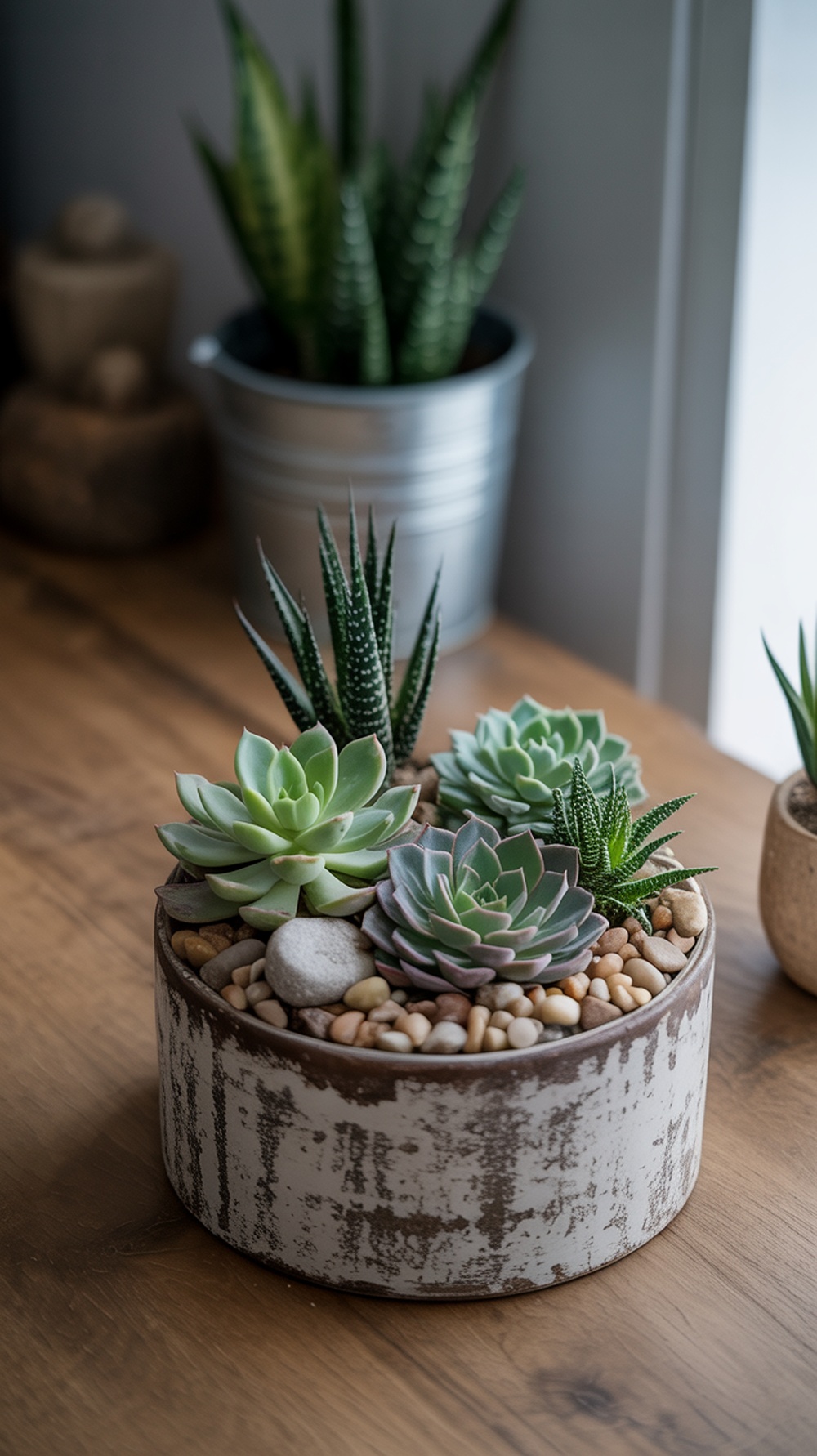 A round succulent arrangement with various succulents and stones in a rustic container on a wooden table.