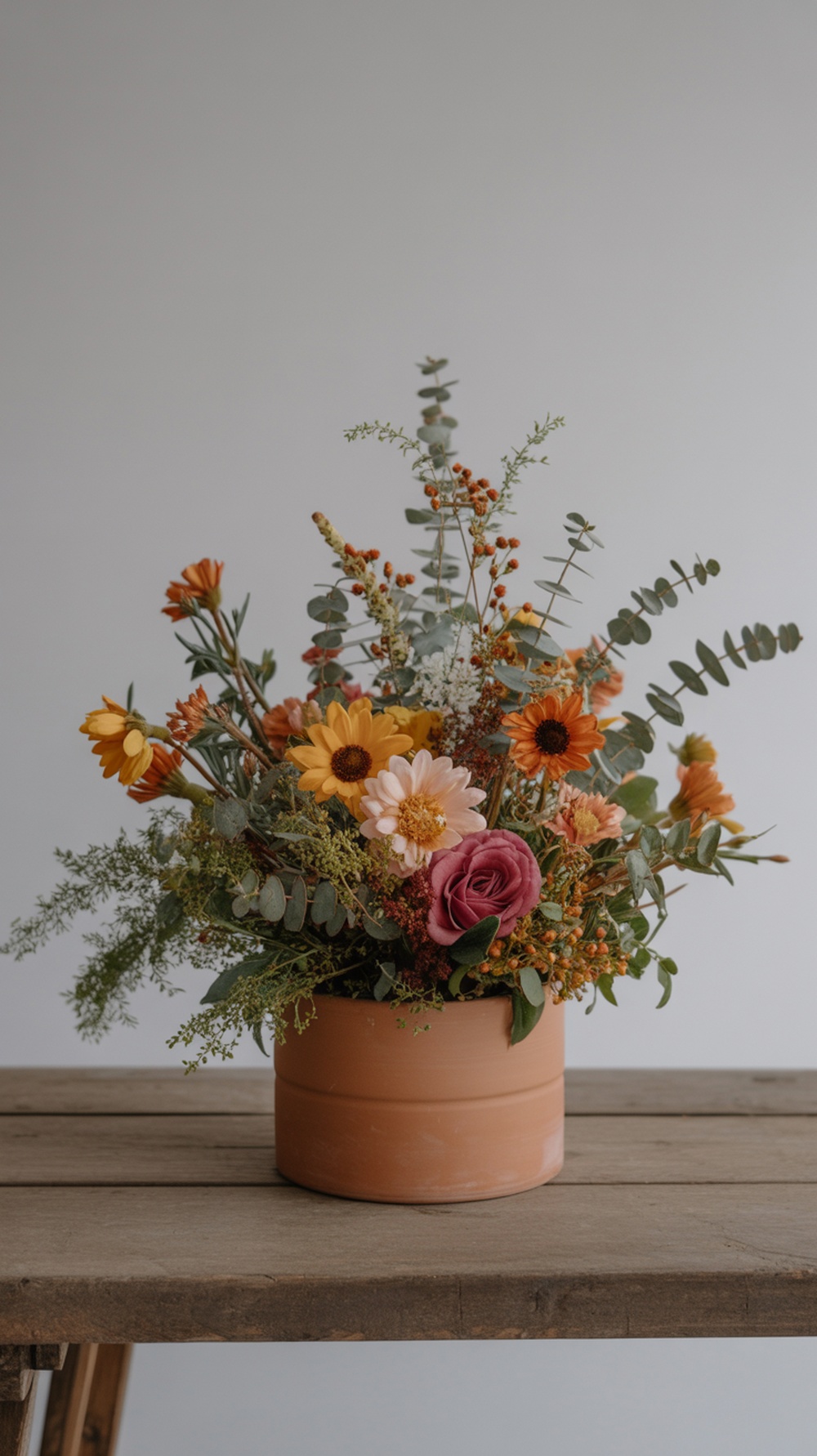A beautiful terracotta pot arrangement filled with autumn flowers like sunflowers, roses, and eucalyptus.