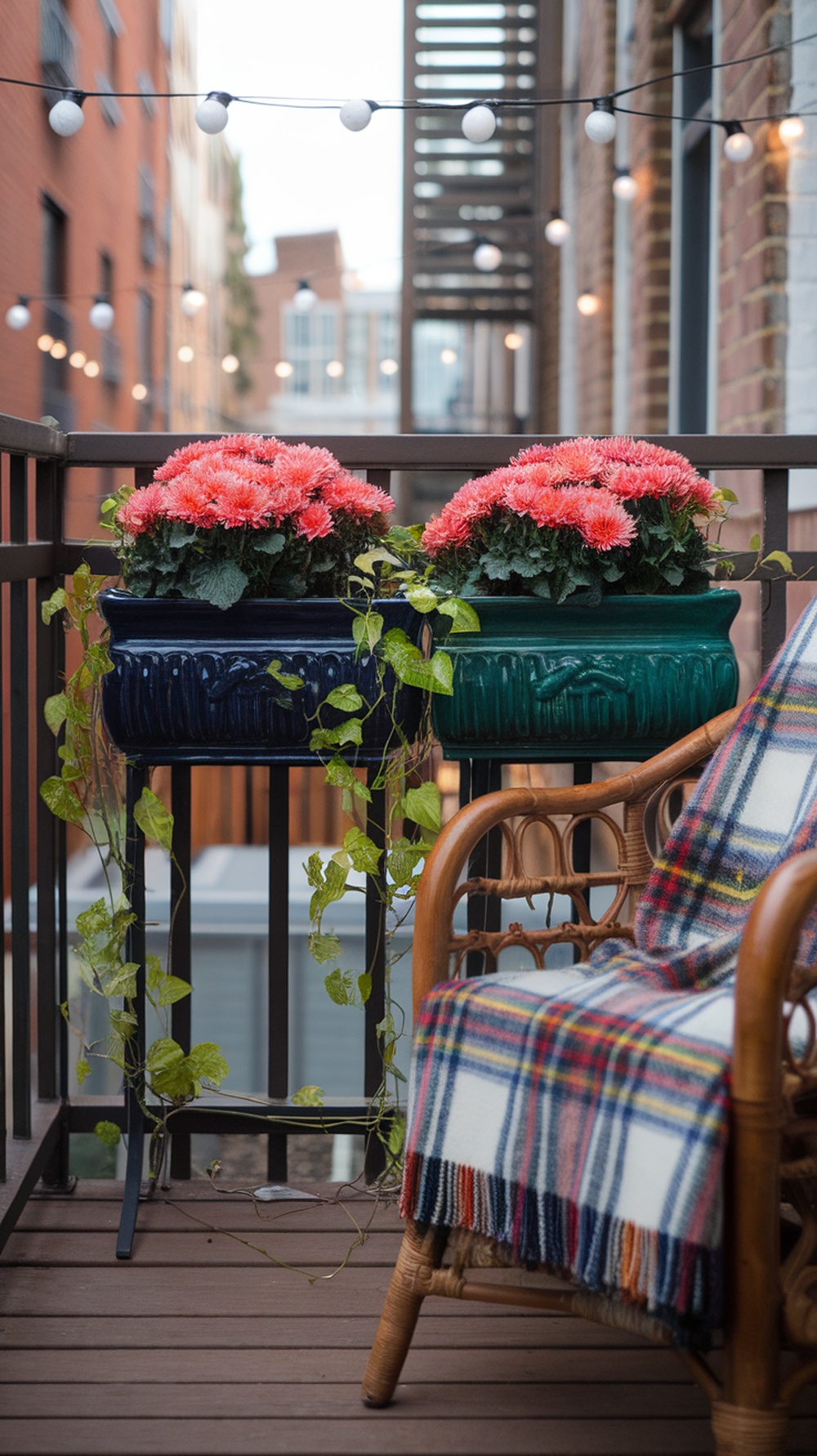 A cozy terrace with pink flowers in planters, a chair with a plaid blanket, and string lights.