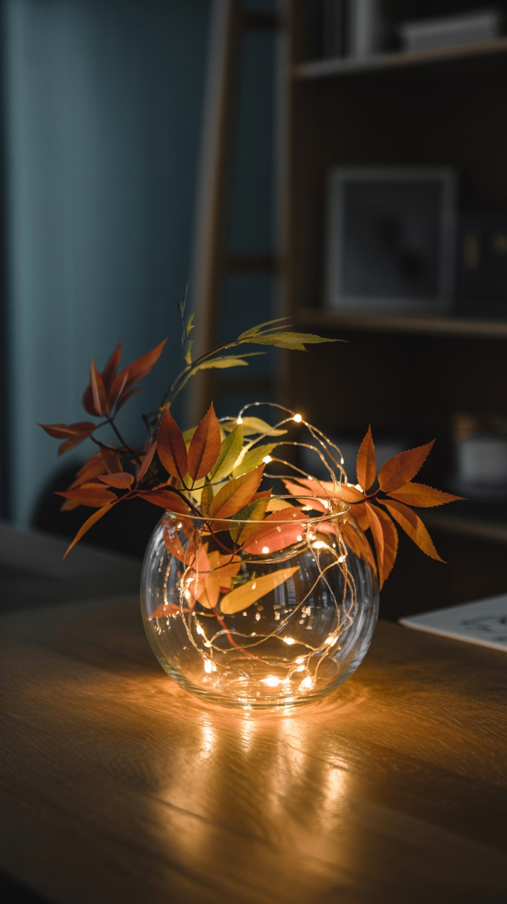 A glass vase with autumn leaves and twinkling fairy lights, creating a warm and inviting centerpiece.
