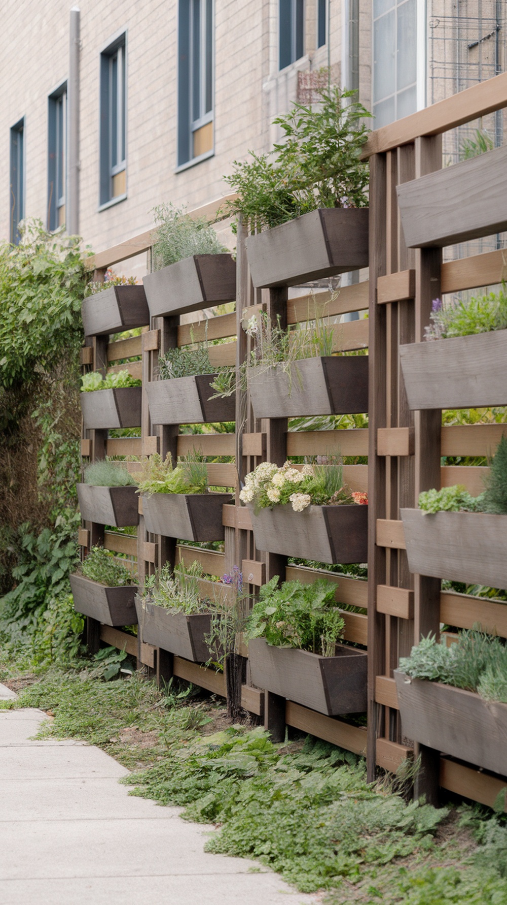 A modern vertical garden fence with planters filled with various plants and herbs.