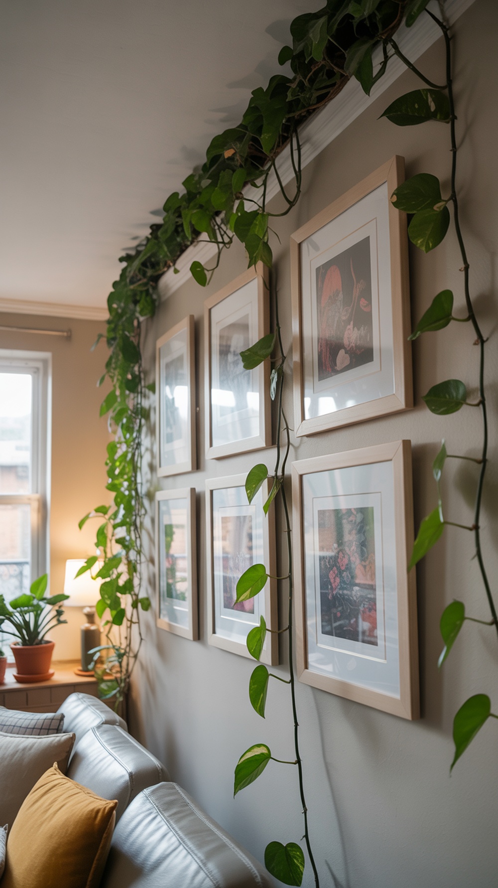 A cozy living room with a gallery wall covered in vines and framed artwork.