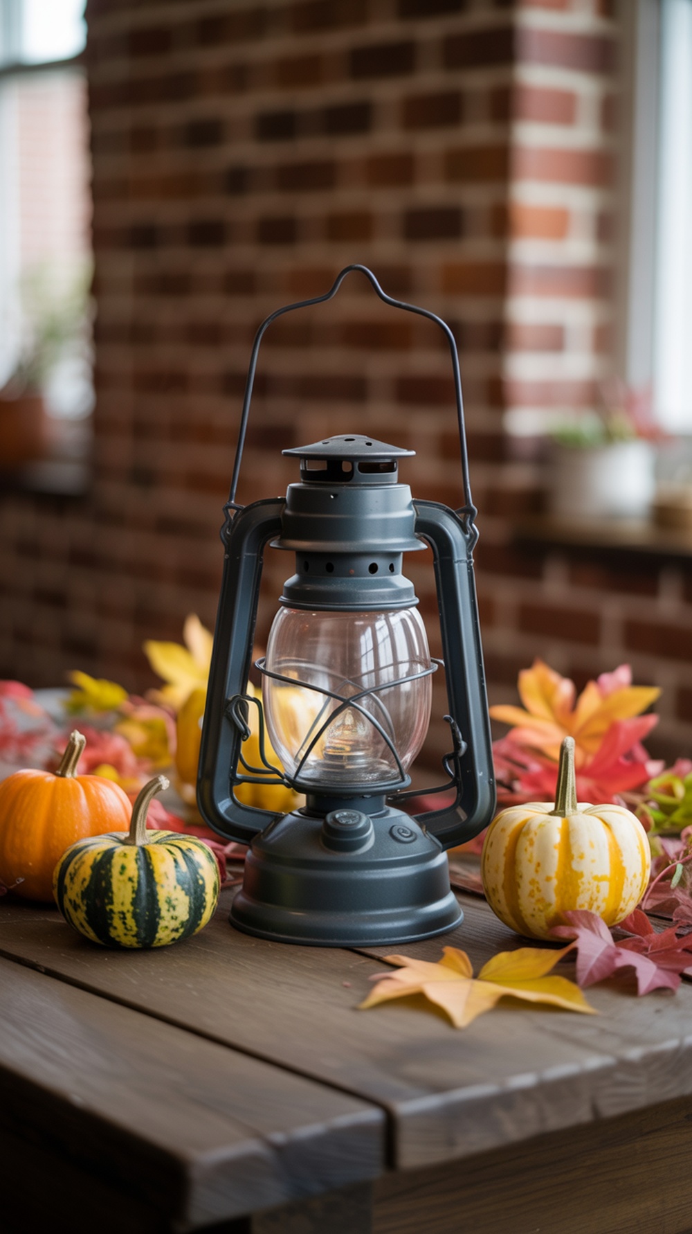 A vintage lantern surrounded by colorful autumn foliage and small pumpkins on a wooden table.