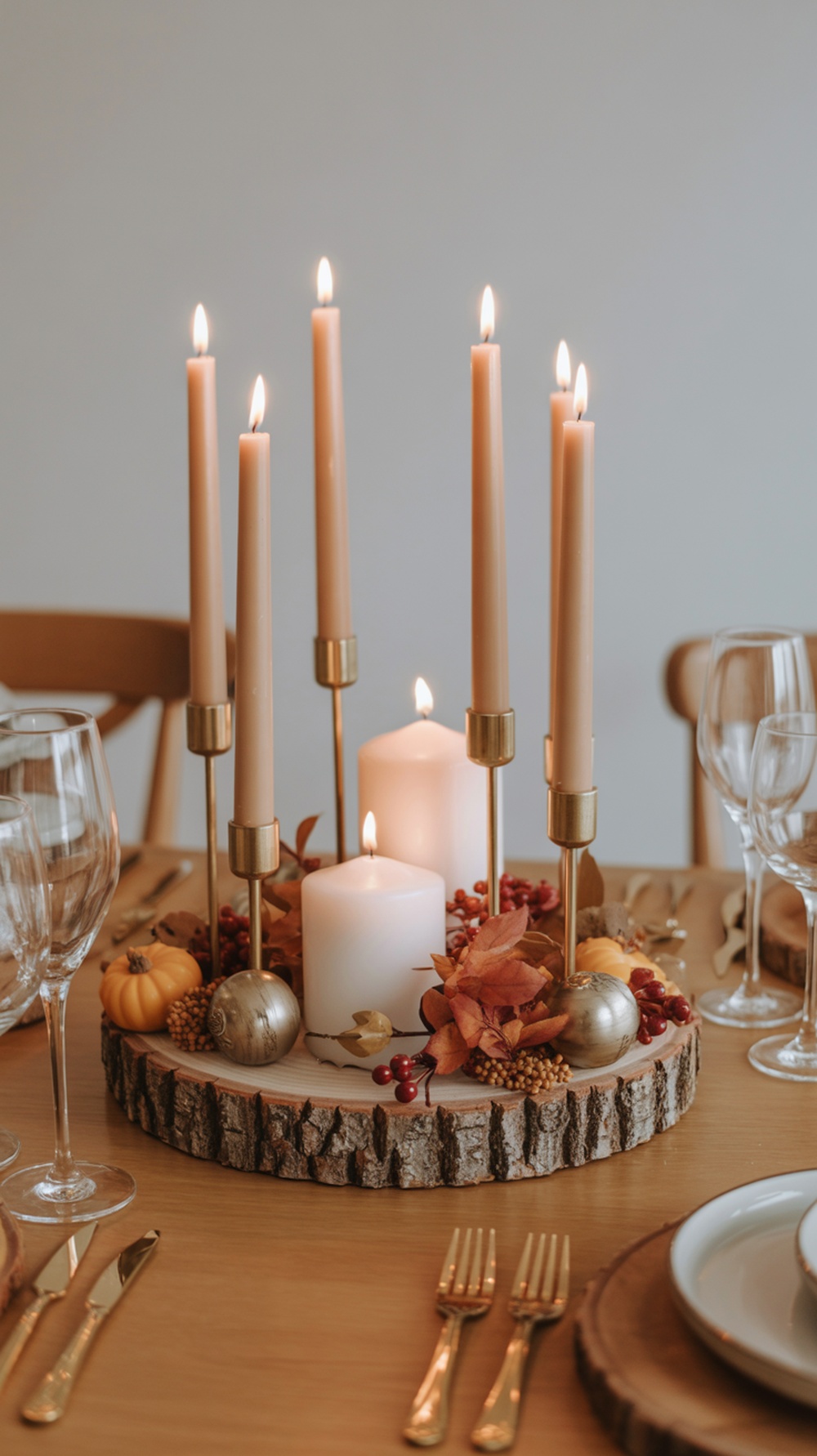 A fall centerpiece on a wood slice featuring candles, autumn leaves, and small pumpkins.
