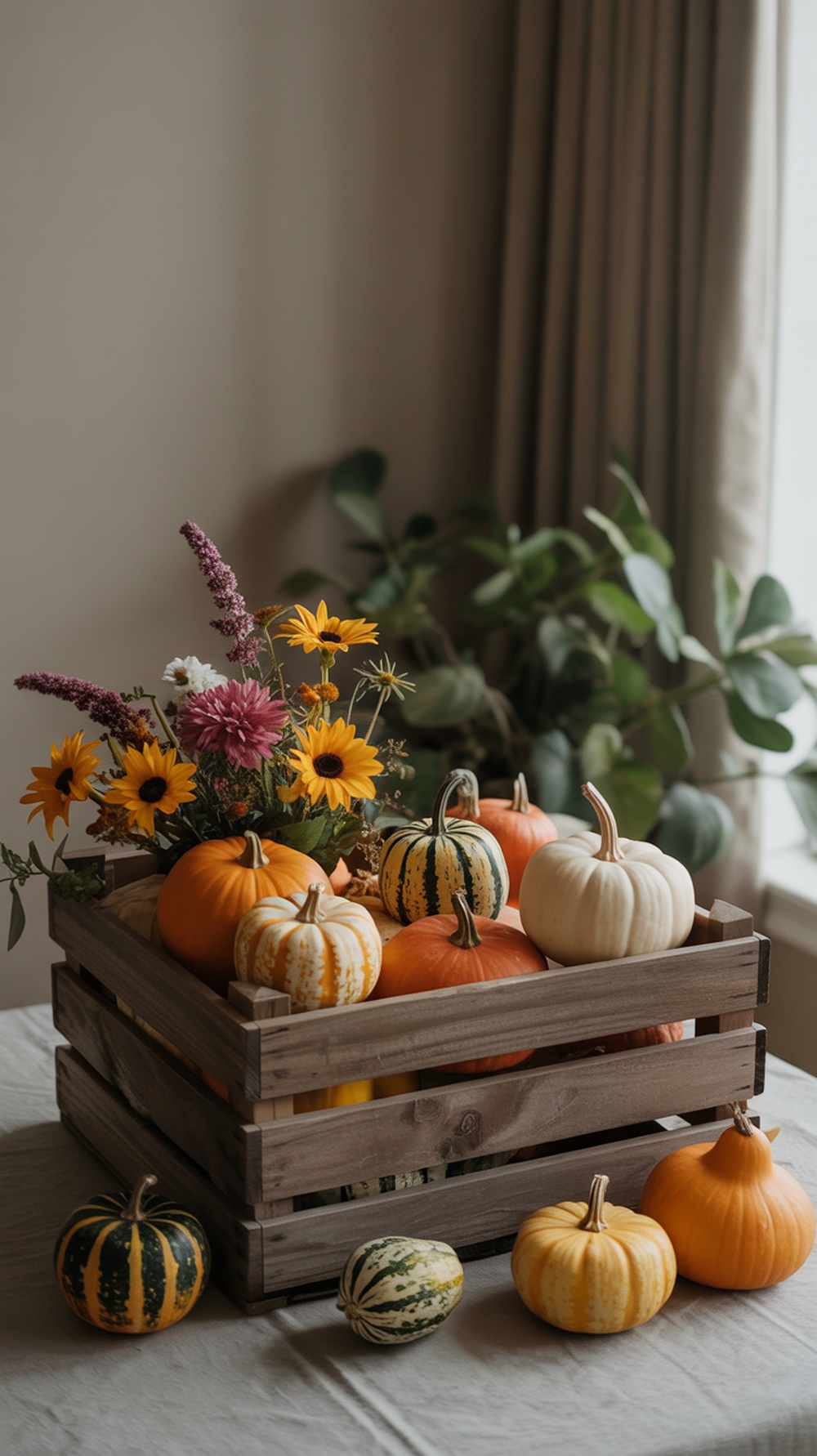 A wooden crate filled with colorful pumpkins and flowers, showcasing a fall centerpiece.