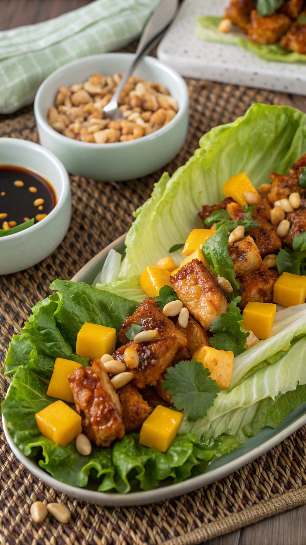 24 Genius Dinner Ideas for a Perfect Summer Evening 52 Spicy Mango Chicken Lettuce Wraps served on a plate with peanuts and sauce on the side.