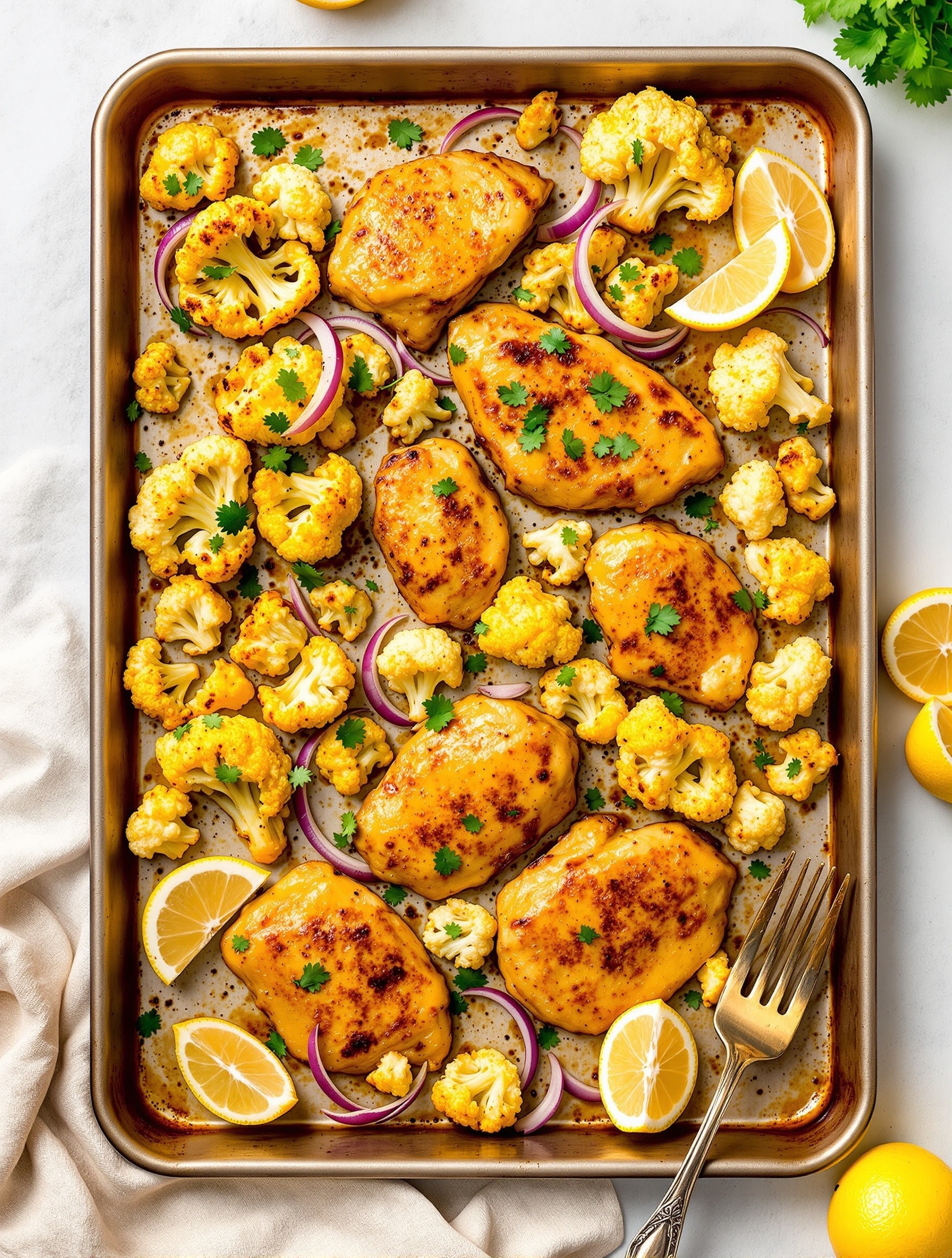 24 Cozy Fall Sheet Pan Dinners for Effortless Weeknights 12 A plate of turmeric honey chicken with roasted cauliflower and red onion, garnished with parsley.