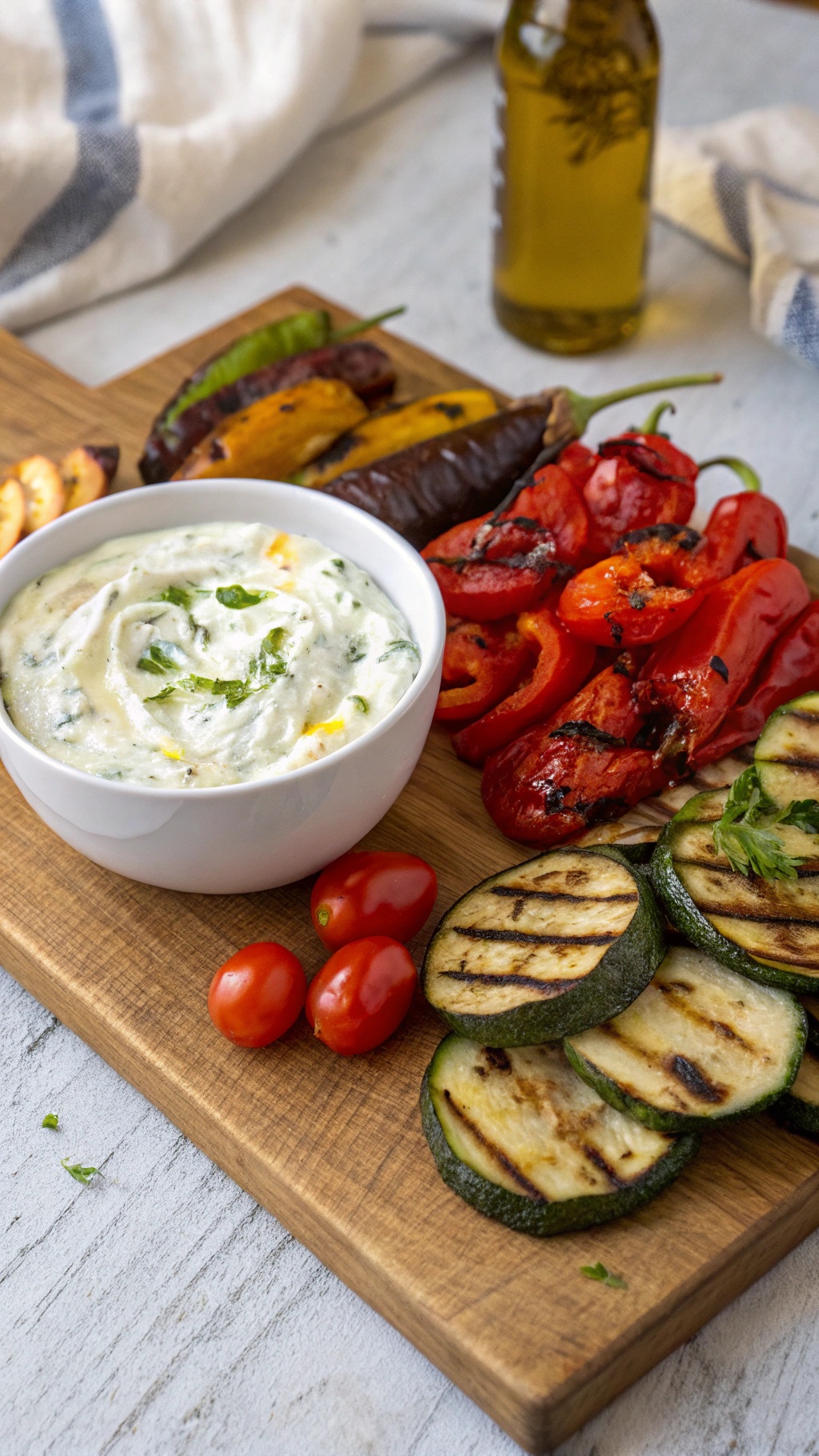 24 Genius Dinner Ideas for a Perfect Summer Evening 54 A Mediterranean grilled vegetable platter with a bowl of herb dip, featuring grilled zucchini, bell peppers, eggplant, and cherry tomatoes.