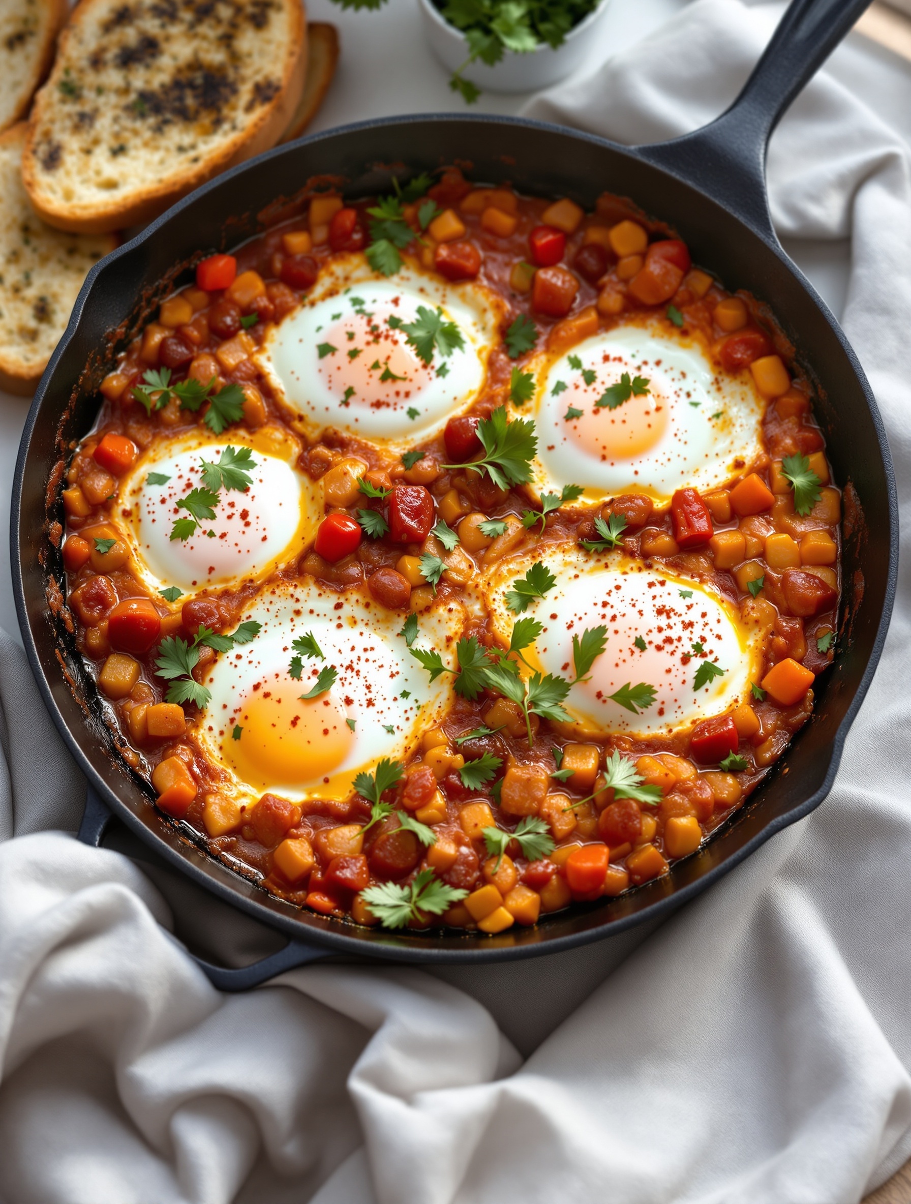 24 Struggle Meals That Actually Taste Great 13 A steaming pot of shakshuka with eggs nestled in a rich tomato sauce, served with slices of bread.