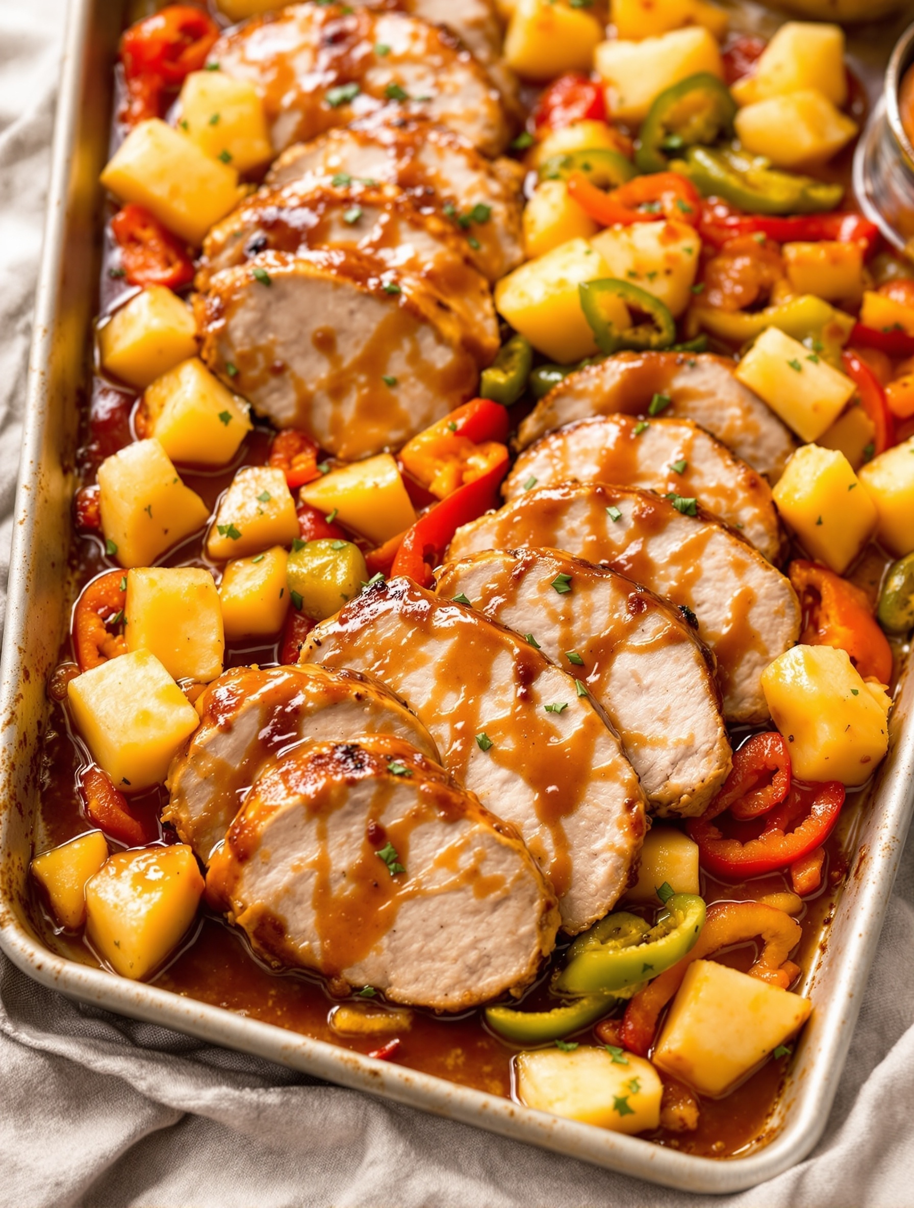 24 Cozy Fall Sheet Pan Dinners for Effortless Weeknights 13 A delicious Sweet Chili Pork Tenderloin with pineapple and peppers on a white plate.