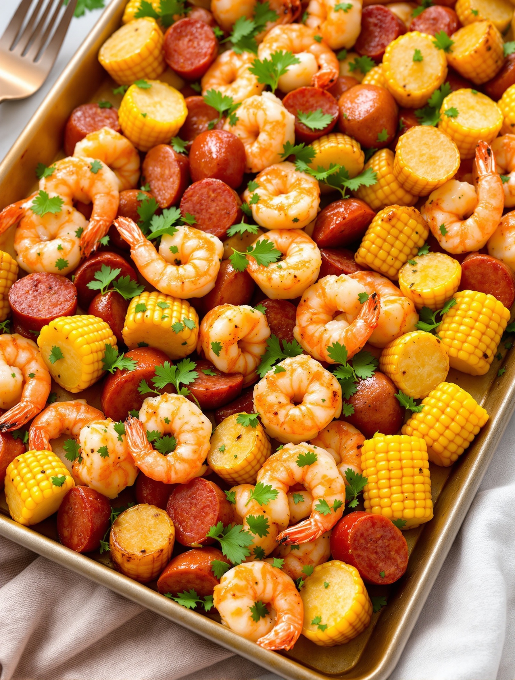24 Cozy Fall Sheet Pan Dinners for Effortless Weeknights 14 A sheet pan dinner featuring Cajun shrimp, andouille sausage, corn, and potatoes.