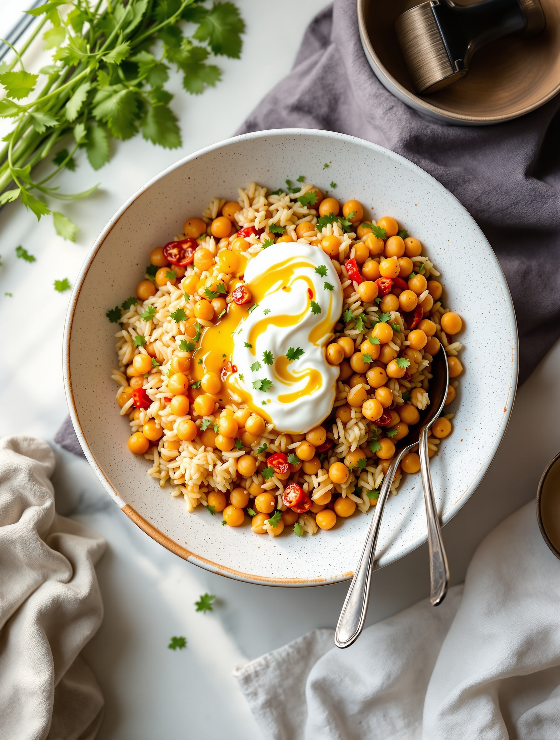 24 Struggle Meals That Actually Taste Great 16 A delicious crispy chickpea rice bowl with yogurt and herbs.