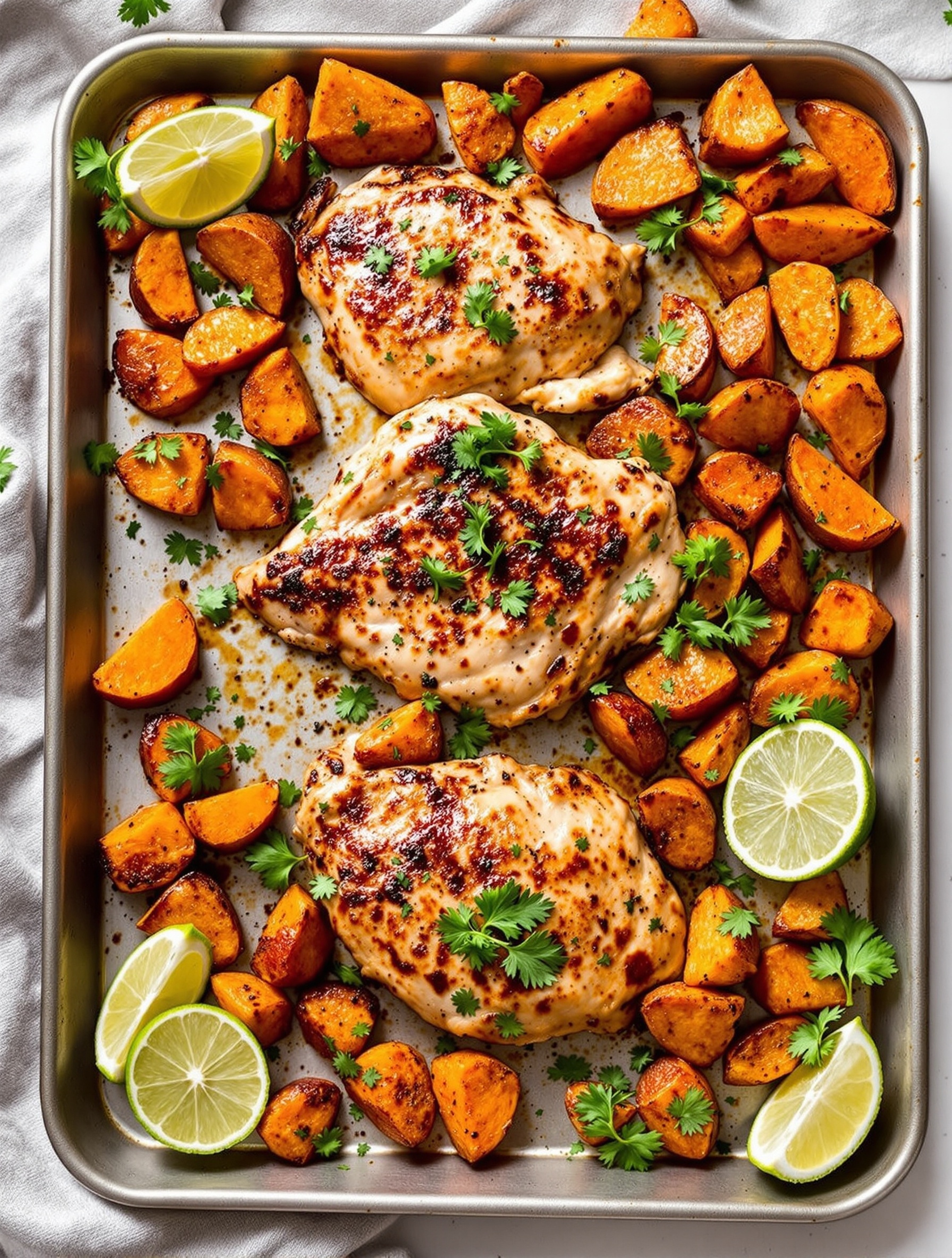 24 Cozy Fall Sheet Pan Dinners for Effortless Weeknights 17 A delicious bowl of Chipotle Lime Chicken with Sweet Potato Wedges, garnished with lime and cilantro.