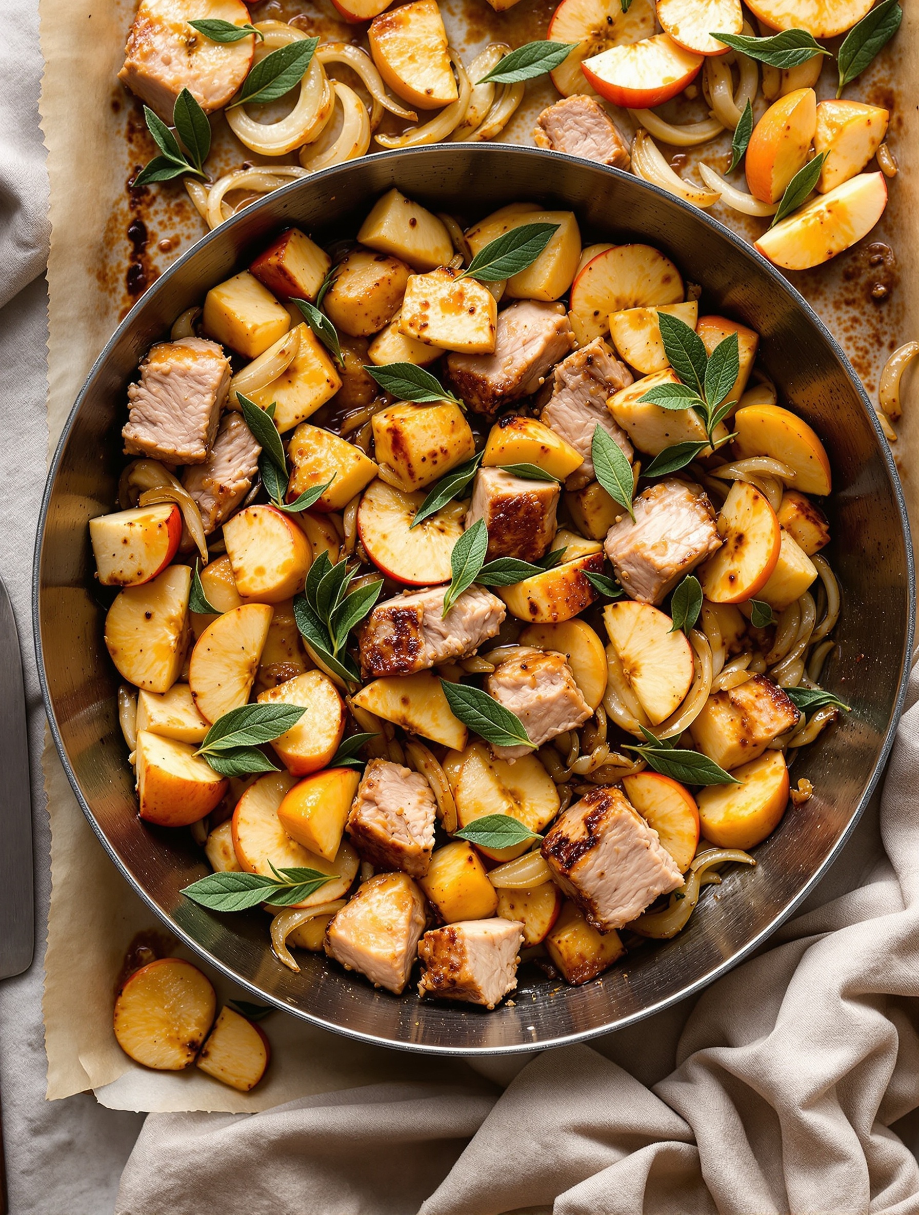24 Cozy Fall Sheet Pan Dinners for Effortless Weeknights 18 Maple Dijon Pork Shoulder Bites with apples and sage cooking in a skillet.