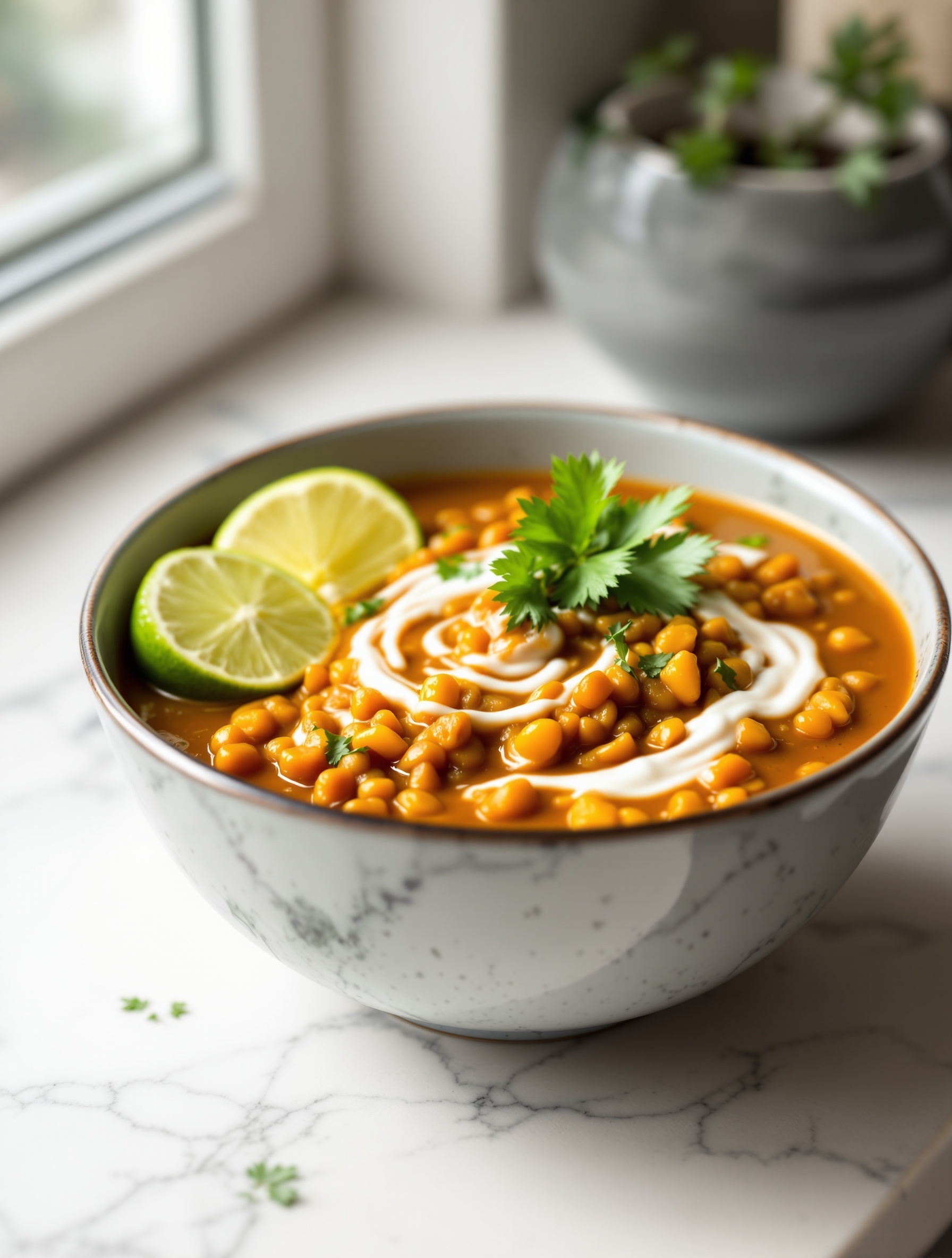 24 Struggle Meals That Actually Taste Great 19 A bowl of lentil curry topped with rice and cilantro.