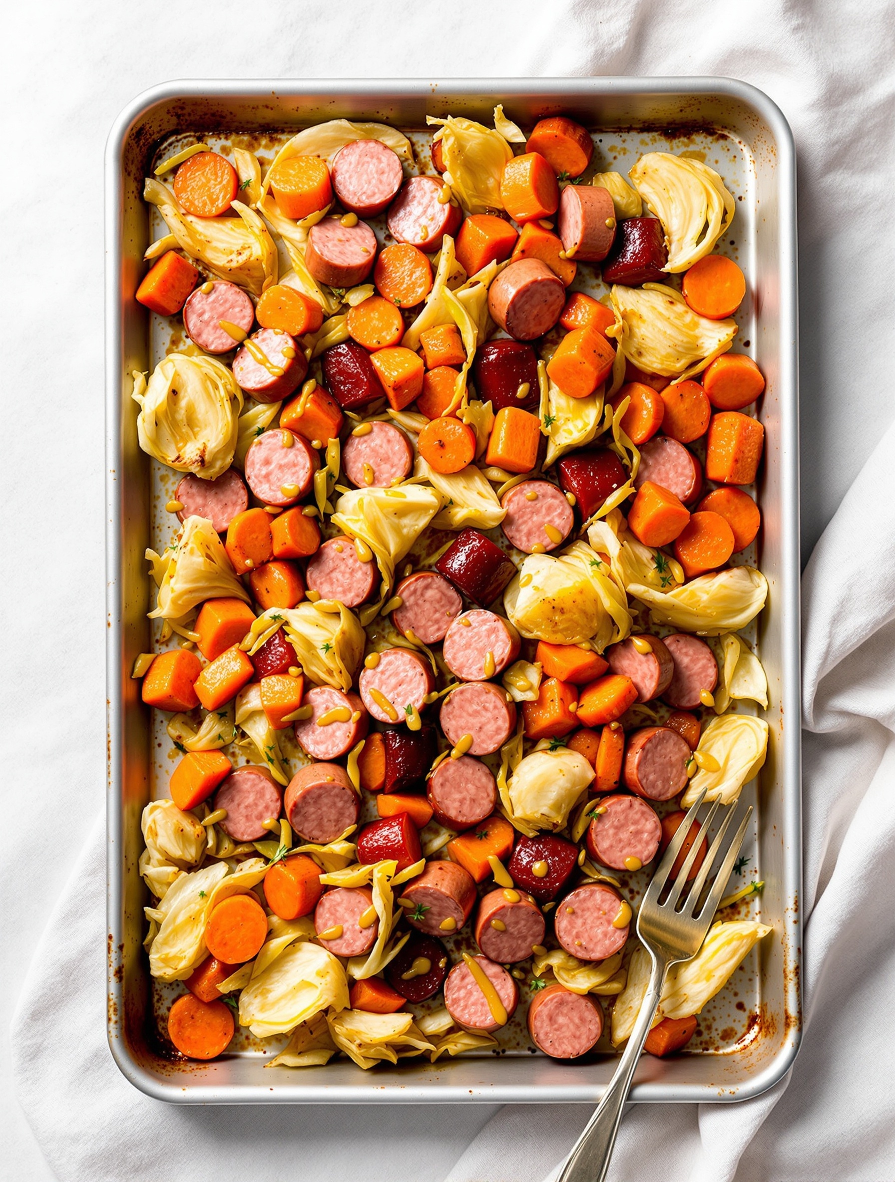 24 Cozy Fall Sheet Pan Dinners for Effortless Weeknights 20 Honey mustard sausage with cabbage and carrots on a plate