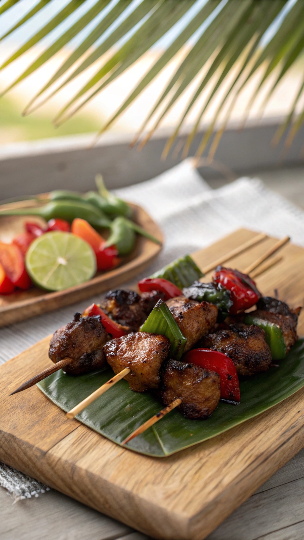24 Genius Dinner Ideas for a Perfect Summer Evening 43 Delicious Caribbean jerk chicken skewers on a wooden platter with colorful vegetables.