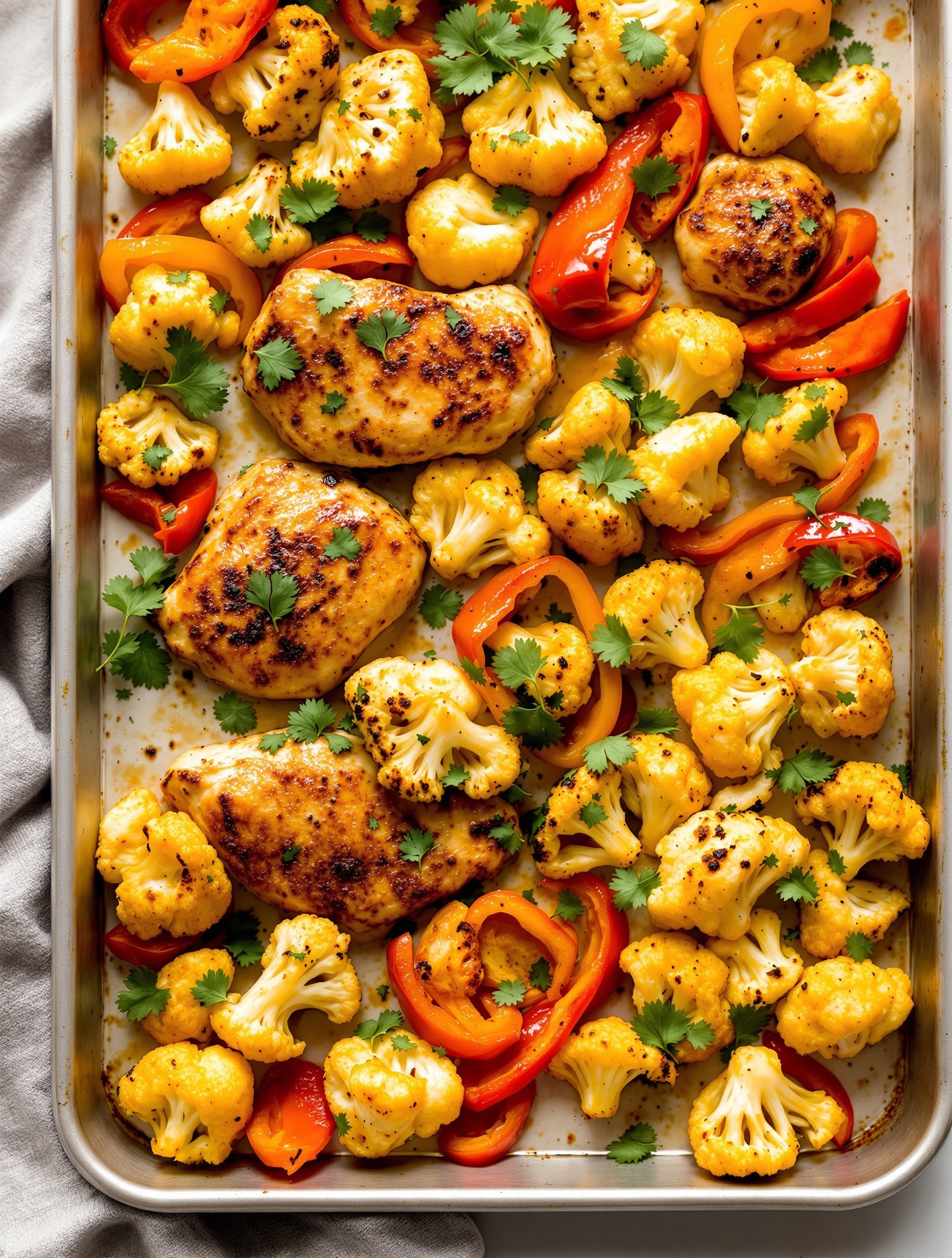 24 Cozy Fall Sheet Pan Dinners for Effortless Weeknights 21 Tandoori style chicken with roasted cauliflower and peppers on a sheet pan.