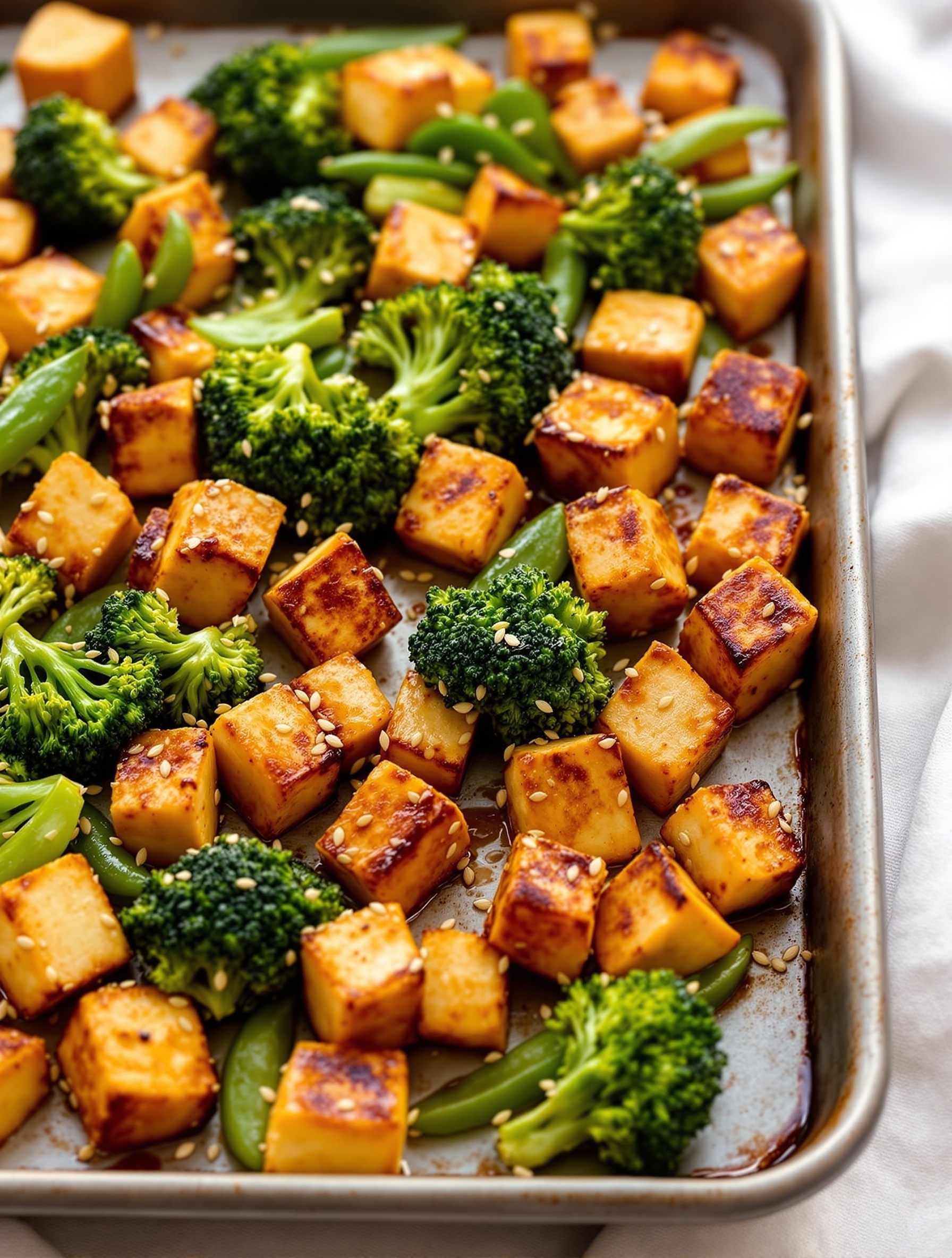 24 Cozy Fall Sheet Pan Dinners for Effortless Weeknights 22 A sheet pan filled with sesame ginger tofu, broccoli, and snap peas, ready to be served.