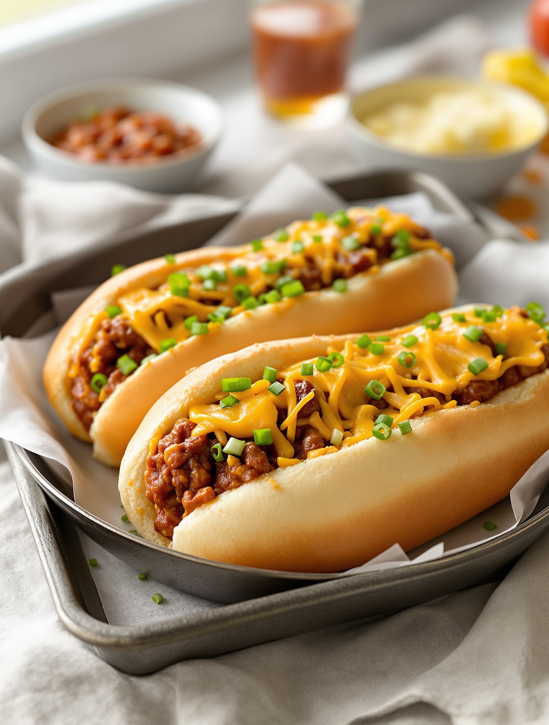 24 Struggle Meals That Actually Taste Great 23 A pan with hot dogs topped with cheese in a chili sauce.