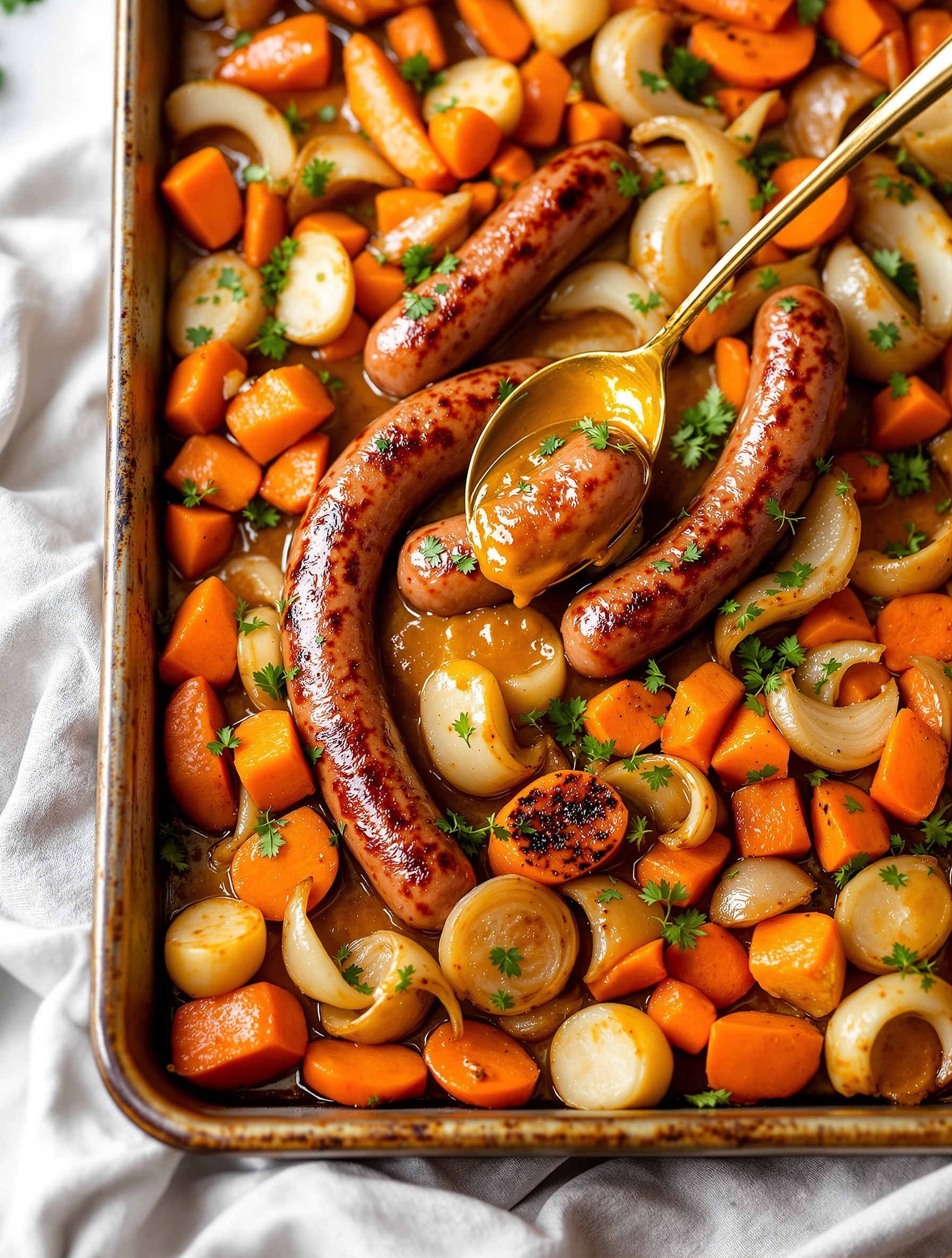 24 Cozy Fall Sheet Pan Dinners for Effortless Weeknights 25 A tray with sausage, carrots, and onions ready for baking.