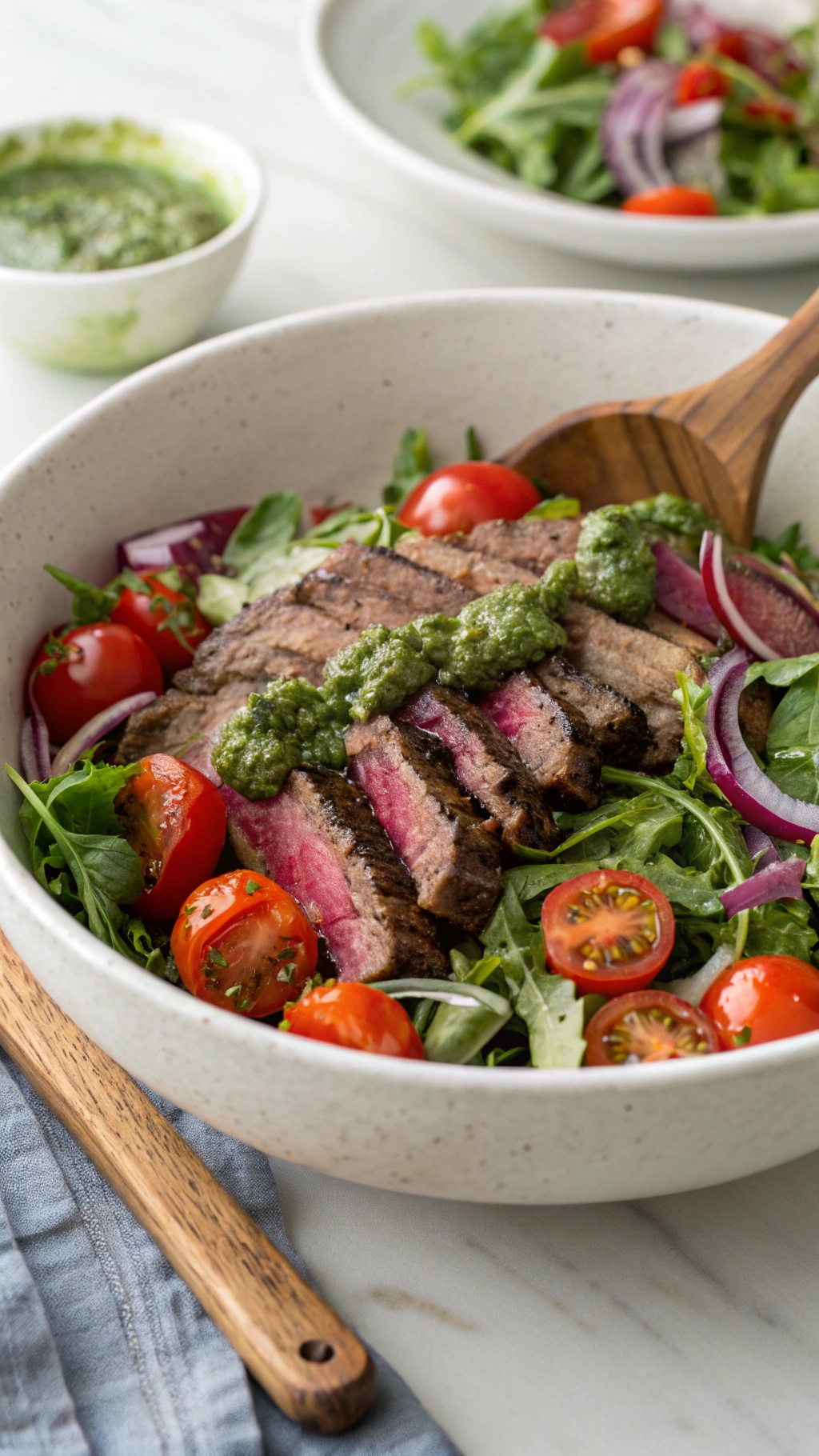 24 Genius Dinner Ideas for a Perfect Summer Evening 46 A bowl of Zesty Chimichurri Steak Salad with sliced steak, cherry tomatoes, and greens.