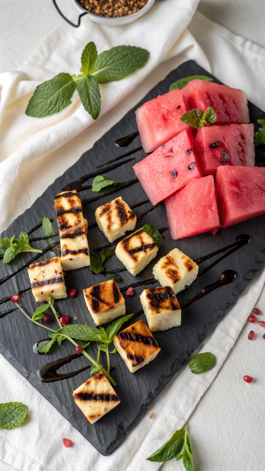 24 Genius Dinner Ideas for a Perfect Summer Evening 47 Grilled Halloumi and Watermelon Salad on a slate platter