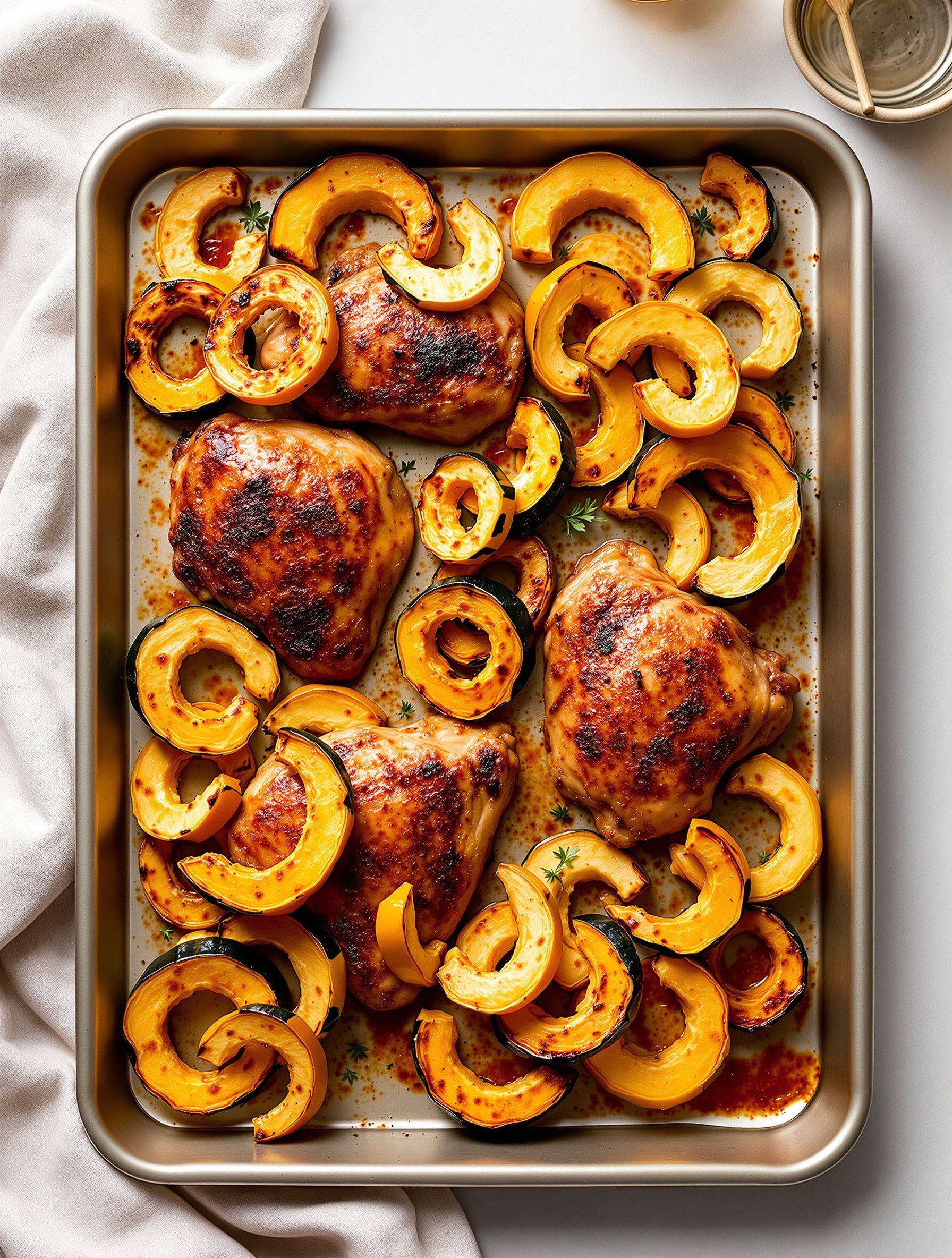 24 Cozy Fall Sheet Pan Dinners for Effortless Weeknights 6 A sliced delicata squash on a wooden cutting board with a whole squash and pumpkin in the background.