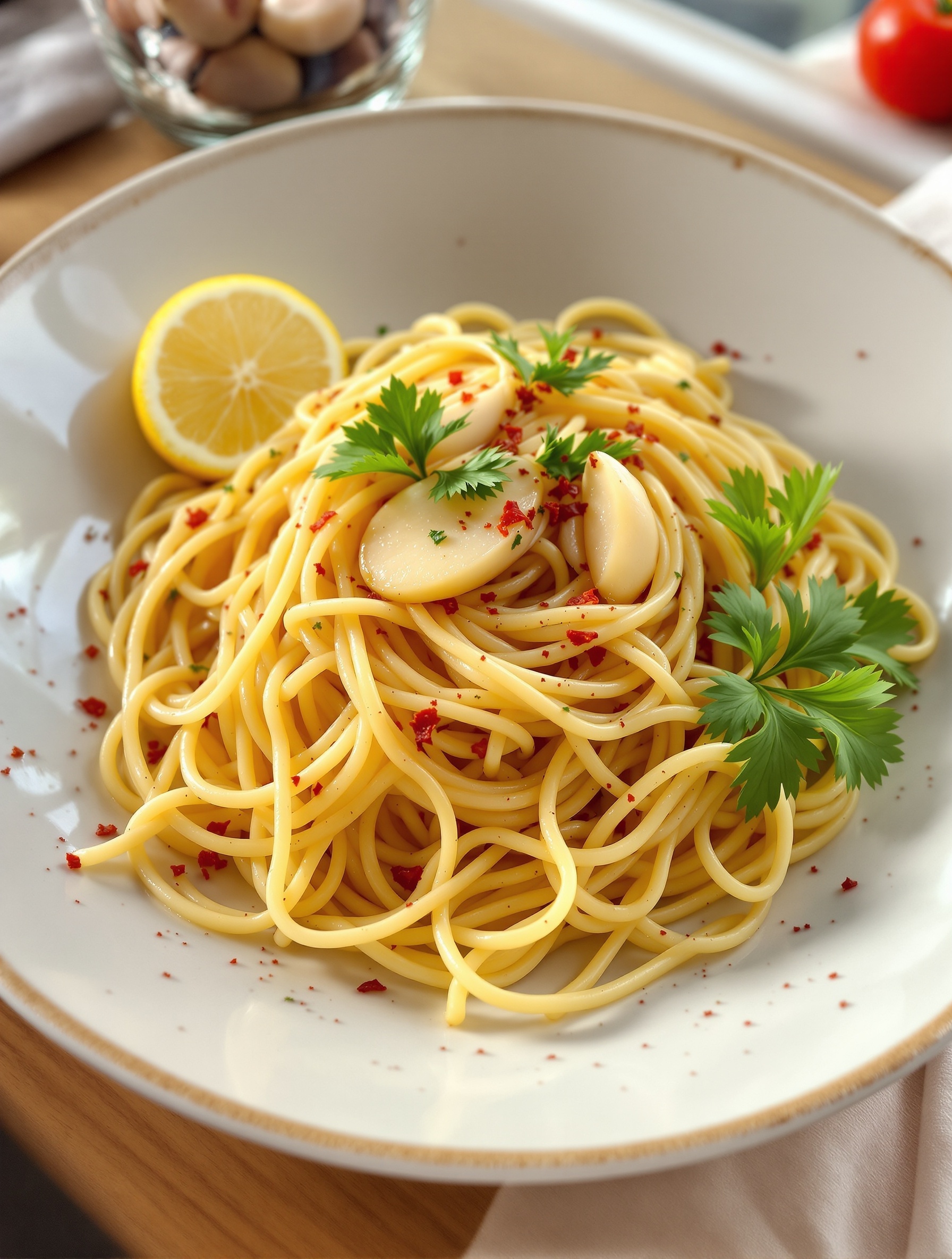 24 Struggle Meals That Actually Taste Great 6 A bowl of spaghetti aglio e olio with garlic and red pepper flakes