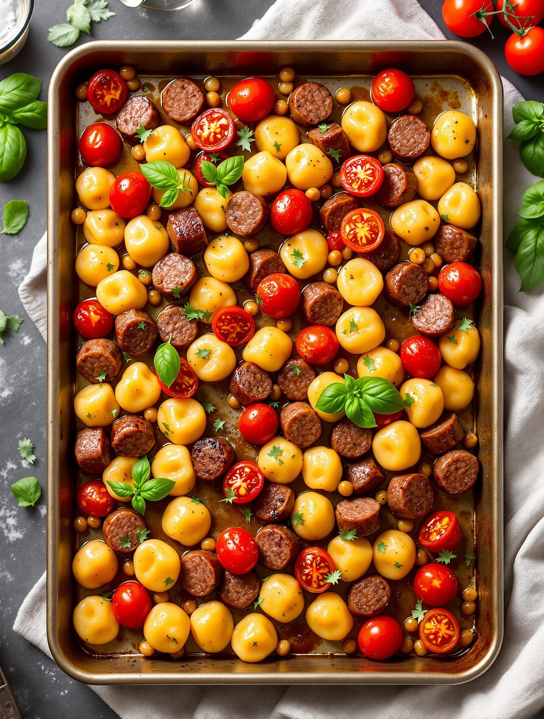 24 Cozy Fall Sheet Pan Dinners for Effortless Weeknights 7 A delicious dish of Italian sausage with gnocchi and cherry tomatoes, garnished with parsley.