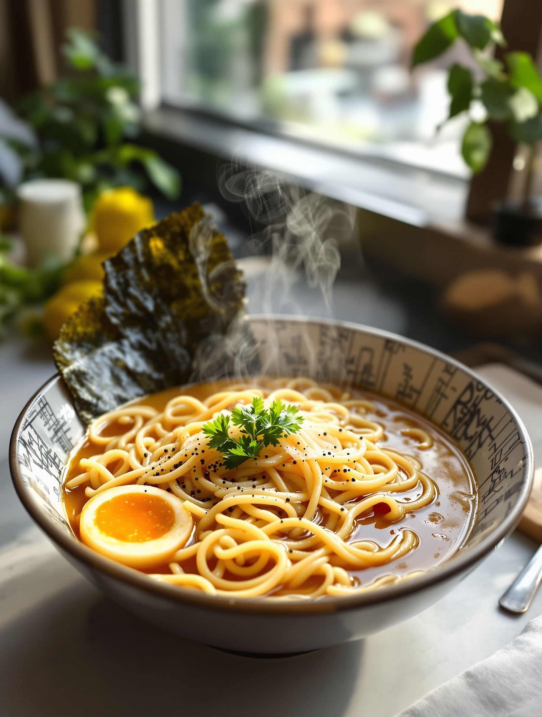 24 Struggle Meals That Actually Taste Great 8 A plate of Ramen Carbonara topped with cheese and herbs.