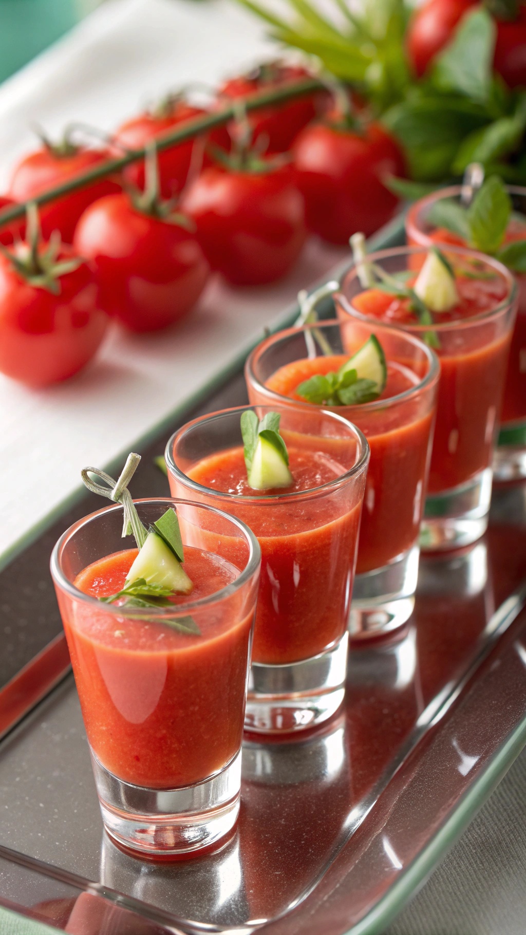 24 Genius Dinner Ideas for a Perfect Summer Evening 49 Four small glasses of gazpacho shooters garnished with cucumber and herbs