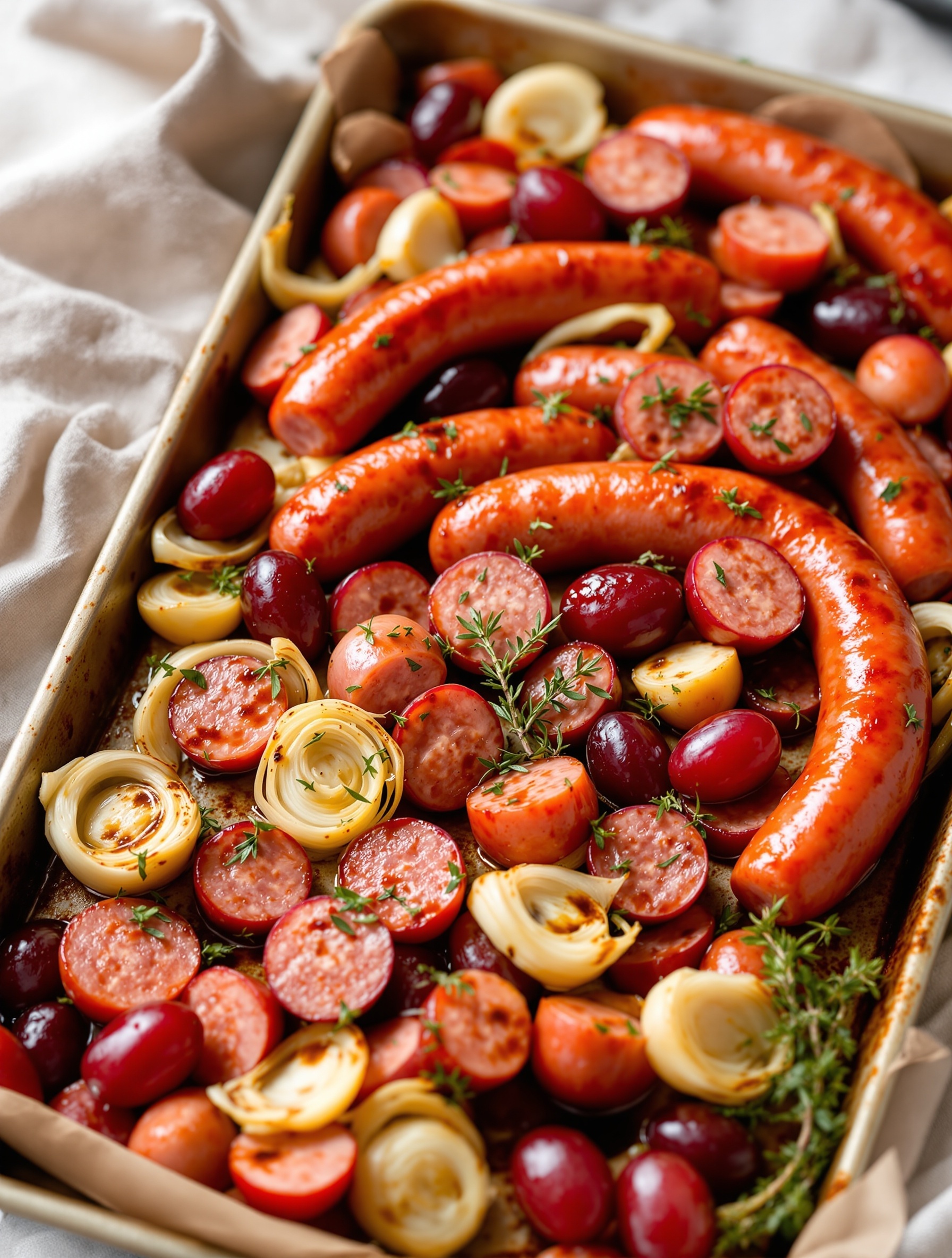 24 Cozy Fall Sheet Pan Dinners for Effortless Weeknights 9 Balsamic sausage with grapes and fennel on a wooden board