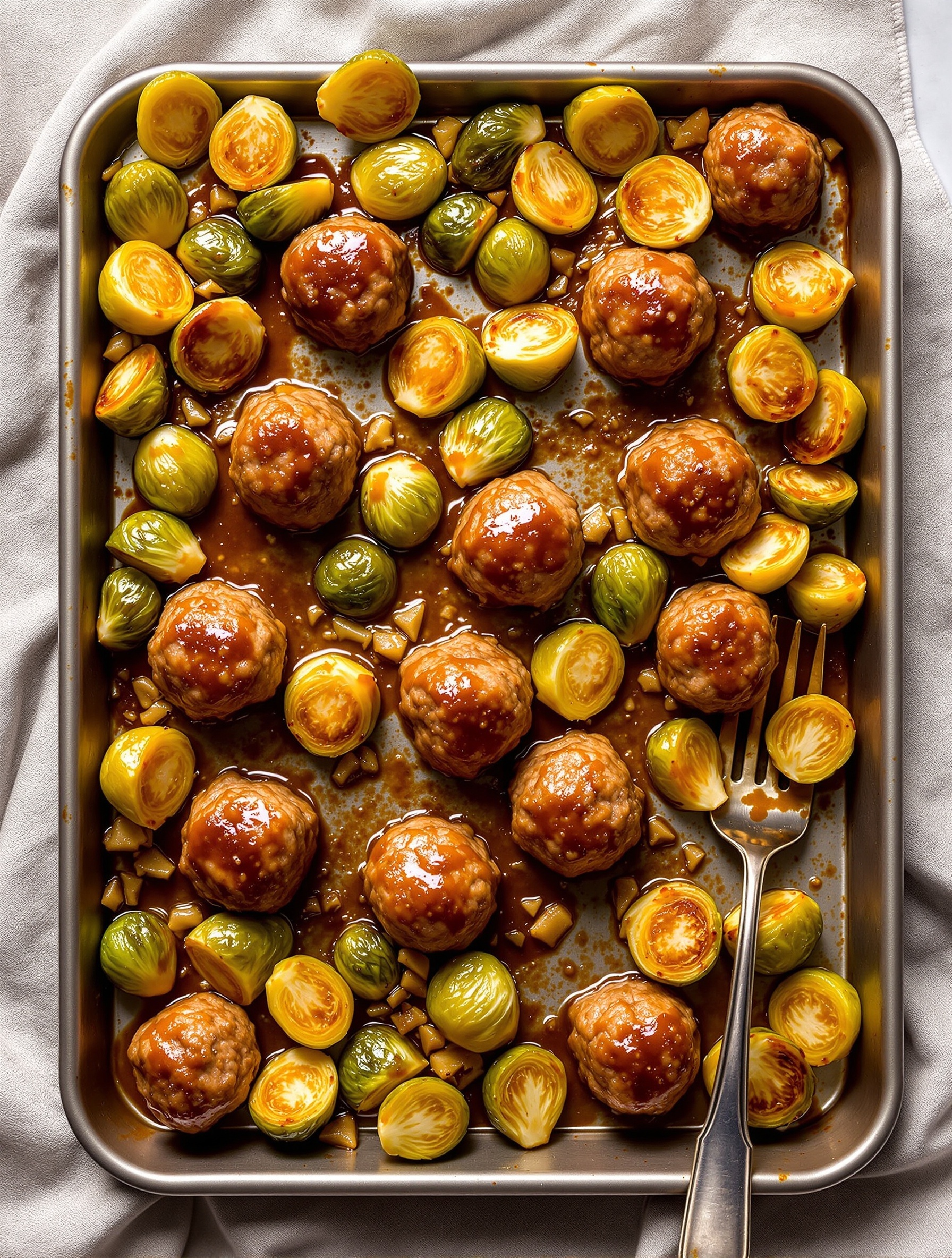 24 Cozy Fall Sheet Pan Dinners for Effortless Weeknights 10 Delicious apple cider barbecue meatballs with Brussels sprouts on a plate.