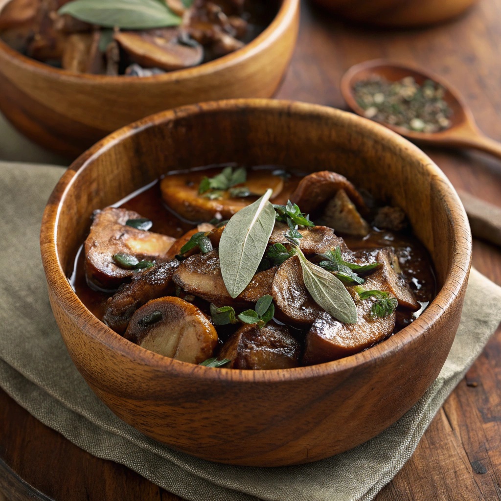 Wooden bowls filled with ale-braised mushrooms, garnished with fresh herbs.