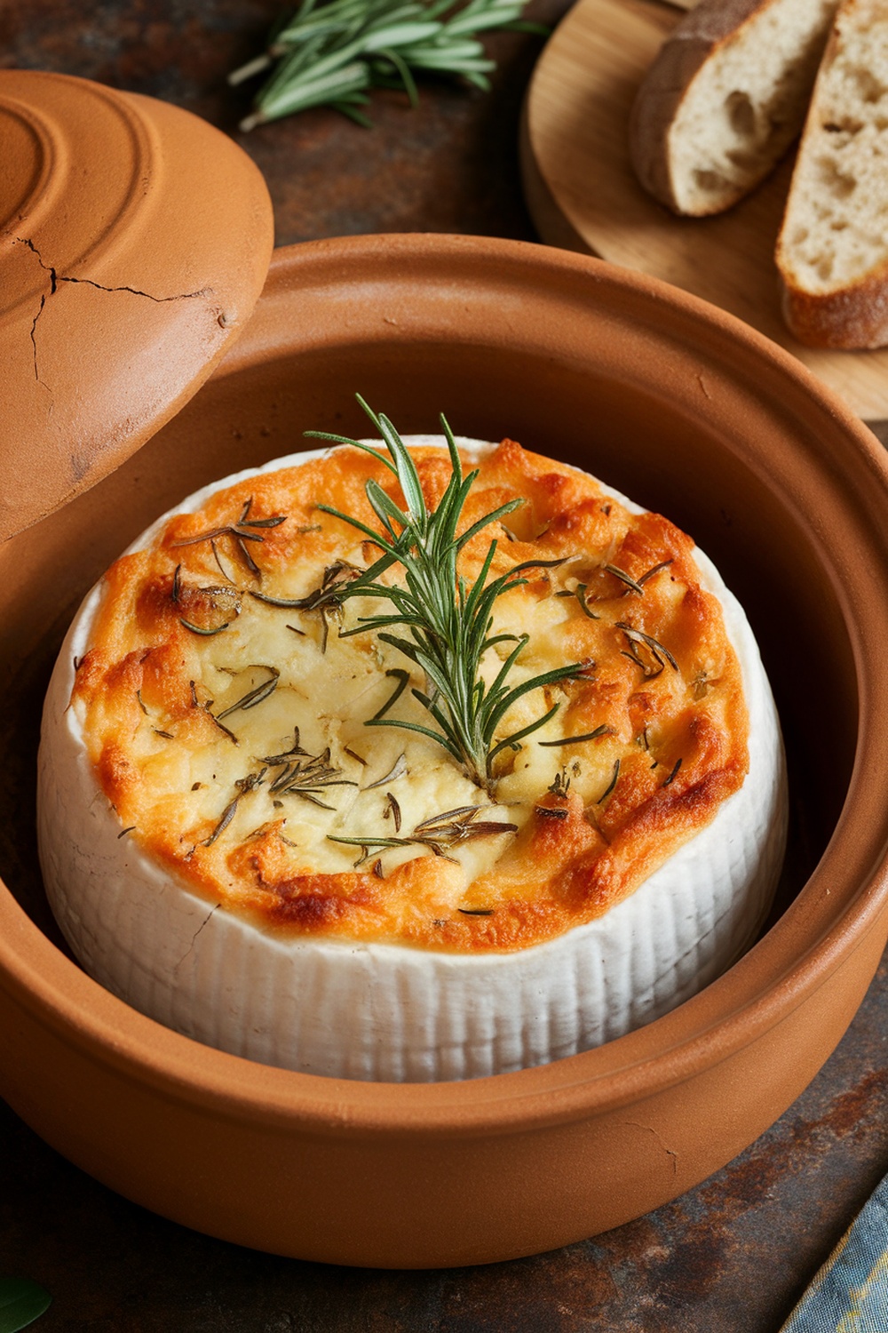 A baked cheese wheel topped with herbs, served in a clay dish with bread on the side.