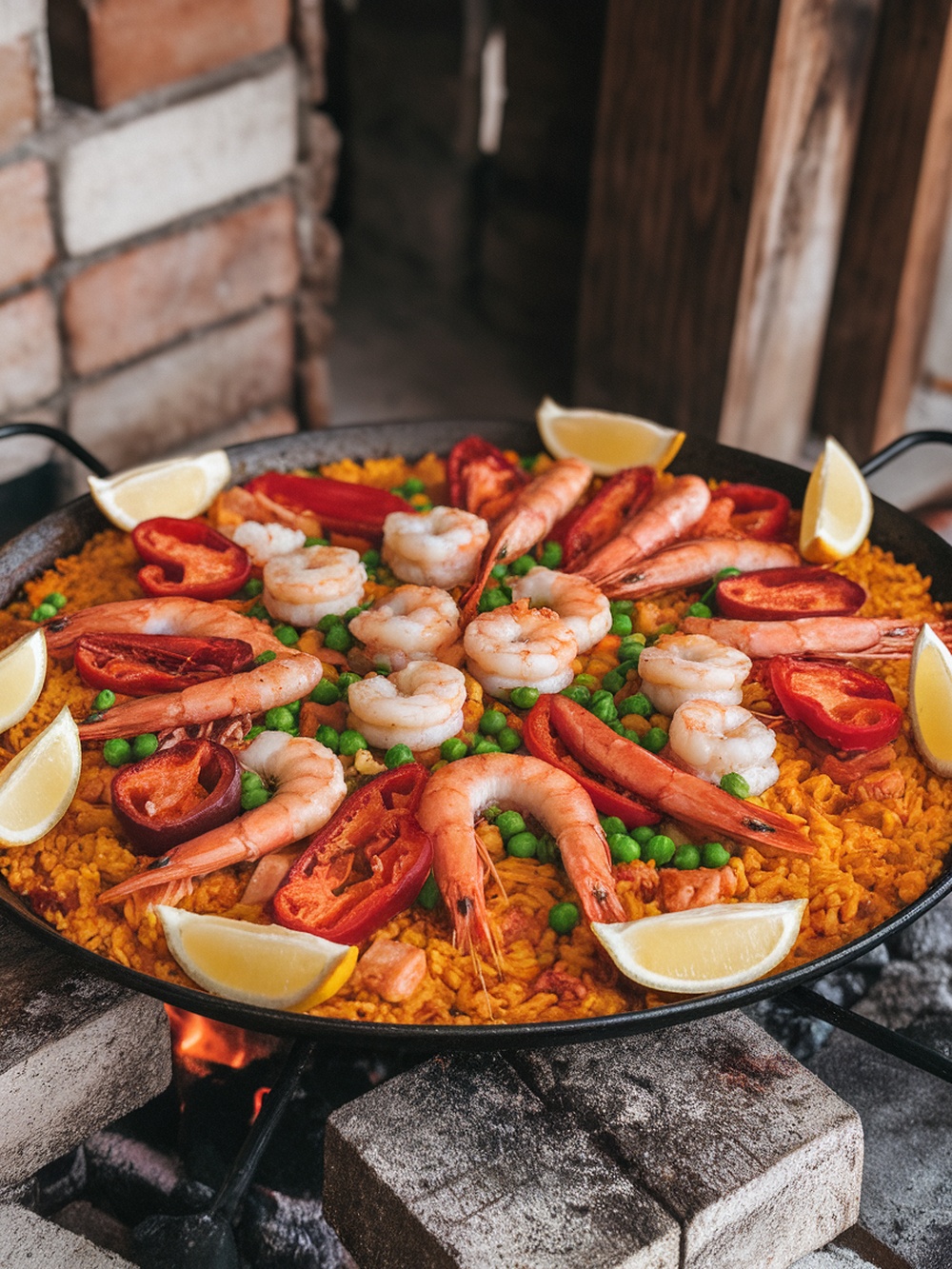 24 Quick and Easy Dinners for Your Next Camping Trip 20 A colorful campfire paella with shrimp and chorizo, garnished with lemon wedges.